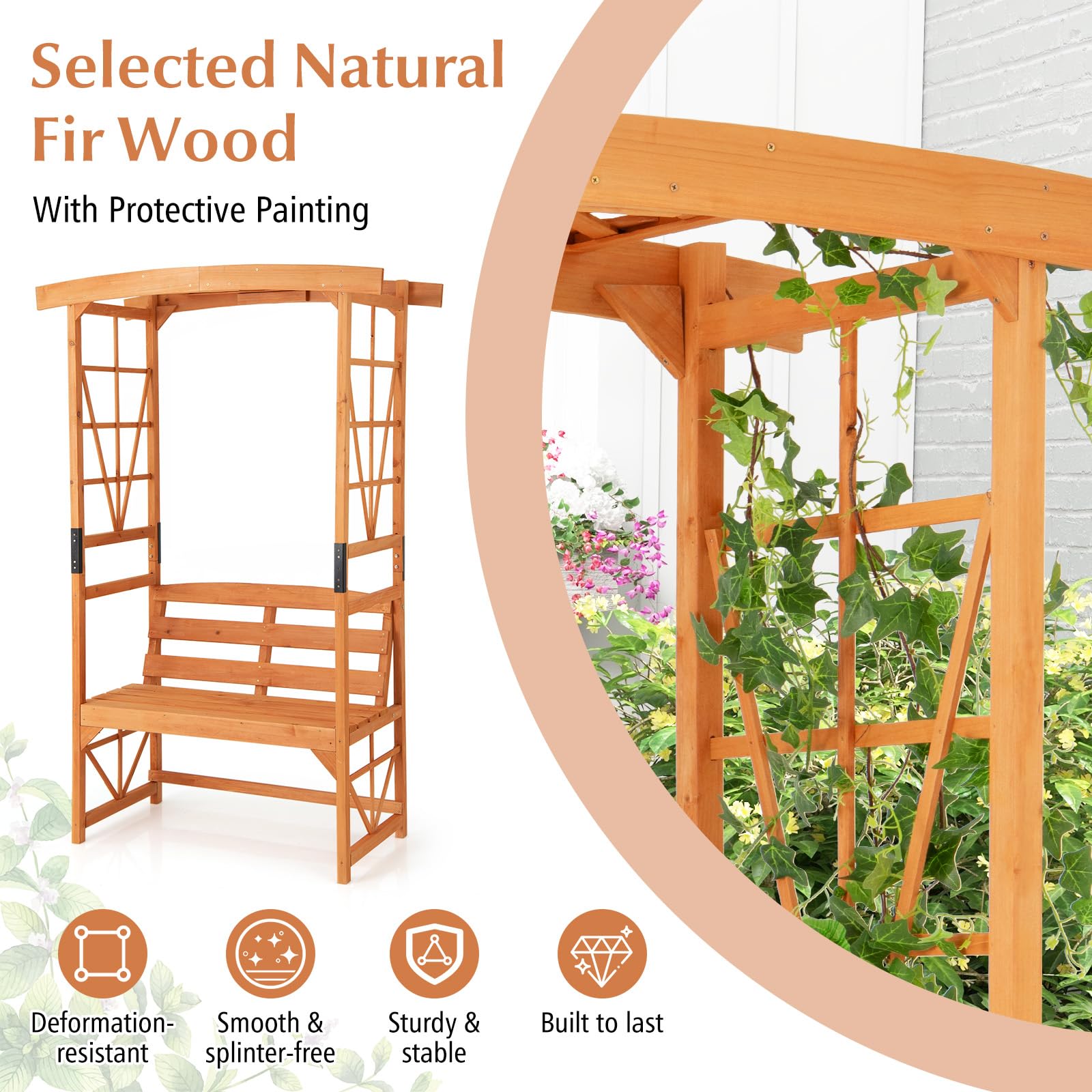 Giantex Garden Arbor with Bench - Wooden Garden Arch Trellis for Climbing Plants Vines, 2-Person Outdoor Bench