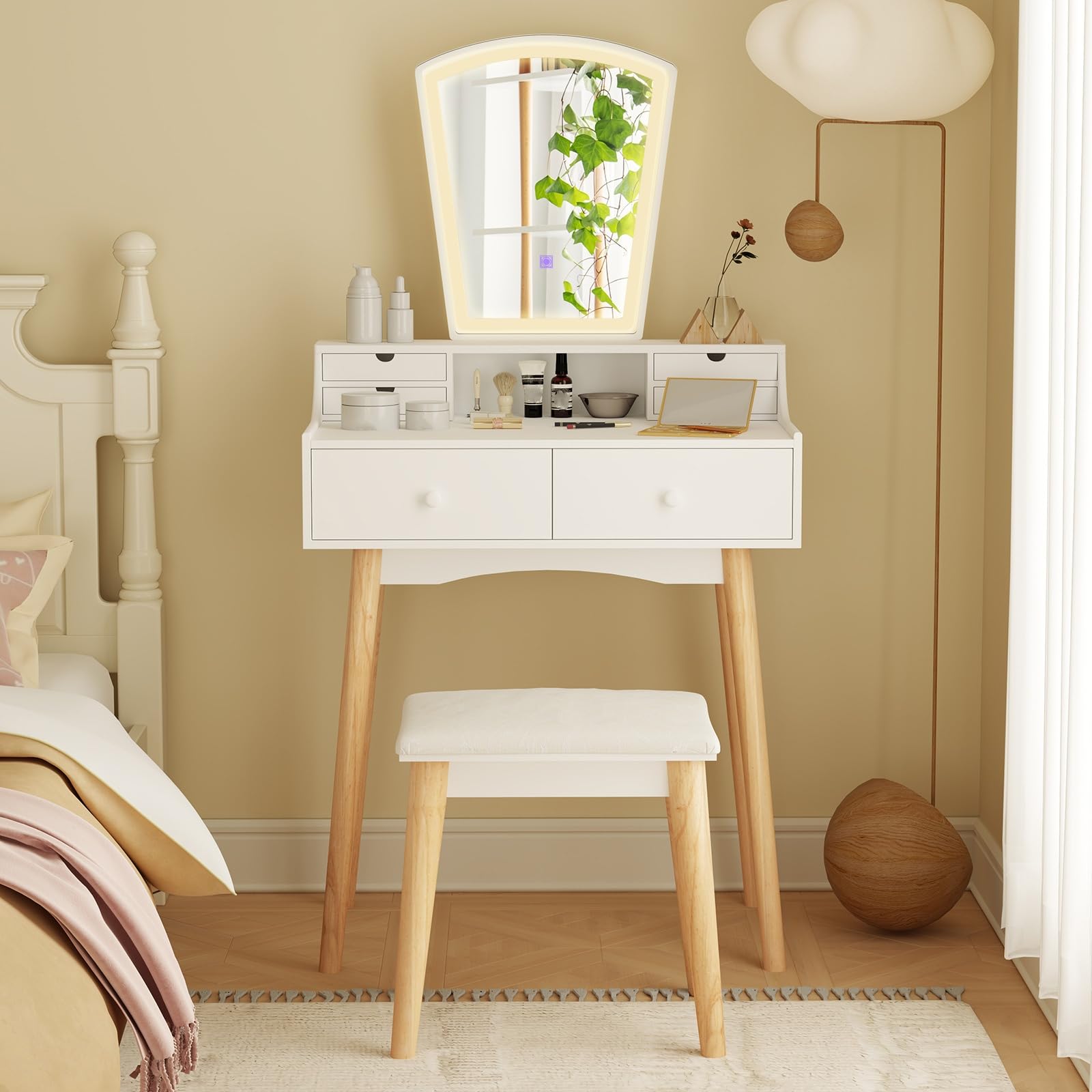 Small Vanity Desk with Mirror and Lights, White Makeup Vanity Desk with 6 Drawers