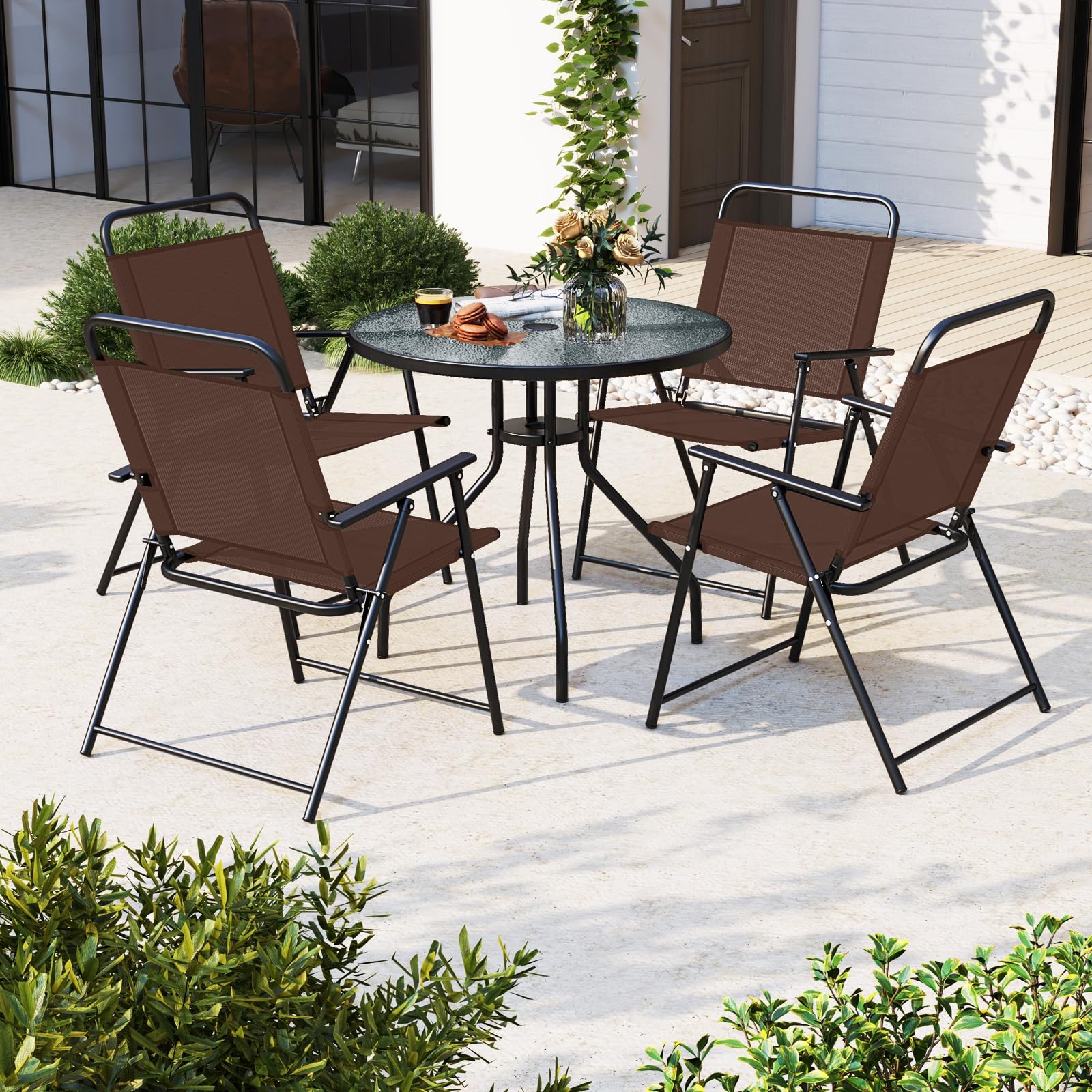 Giantex 6 Pieces Patio Dining Set, Folding Patio Chairs Set of 4, Tempered Glass Umbrella Table with Hole