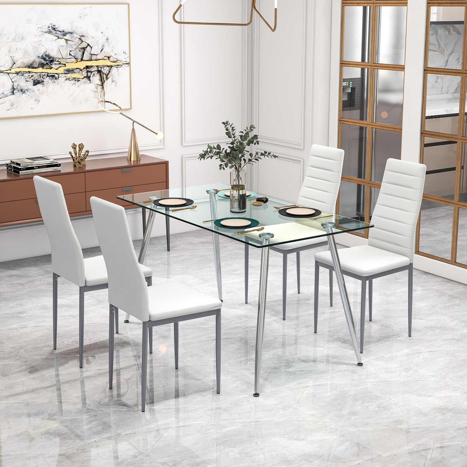 Giantex Dining Table Set for 4, Kitchen Table Chairs Set with 51” Rectangle Glass Dining Table