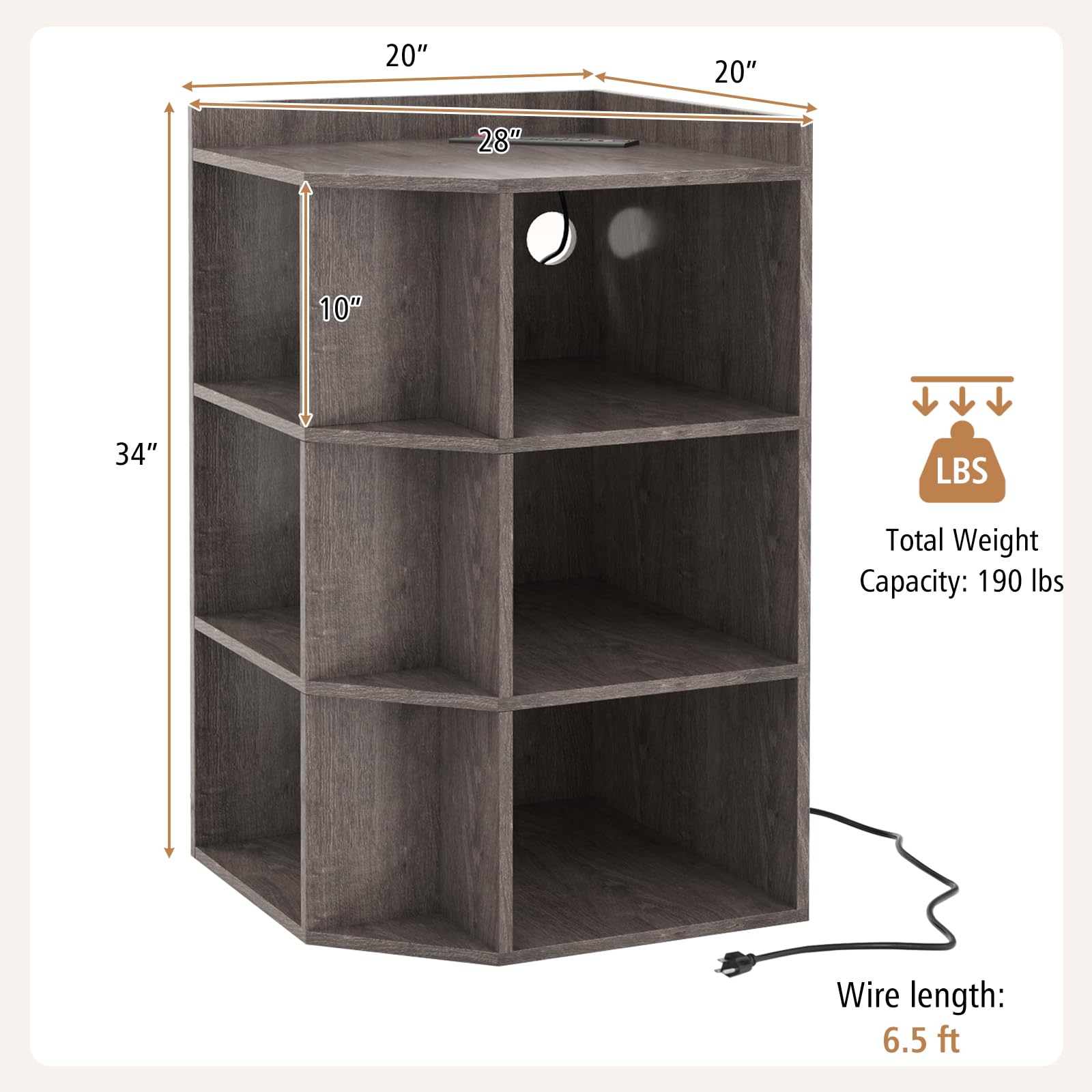 Giantex 3-Tier Corner Cabinet with Charging Station, Corner Shelf with 9 Cubbies, 2 USB Ports & 4 Outlets