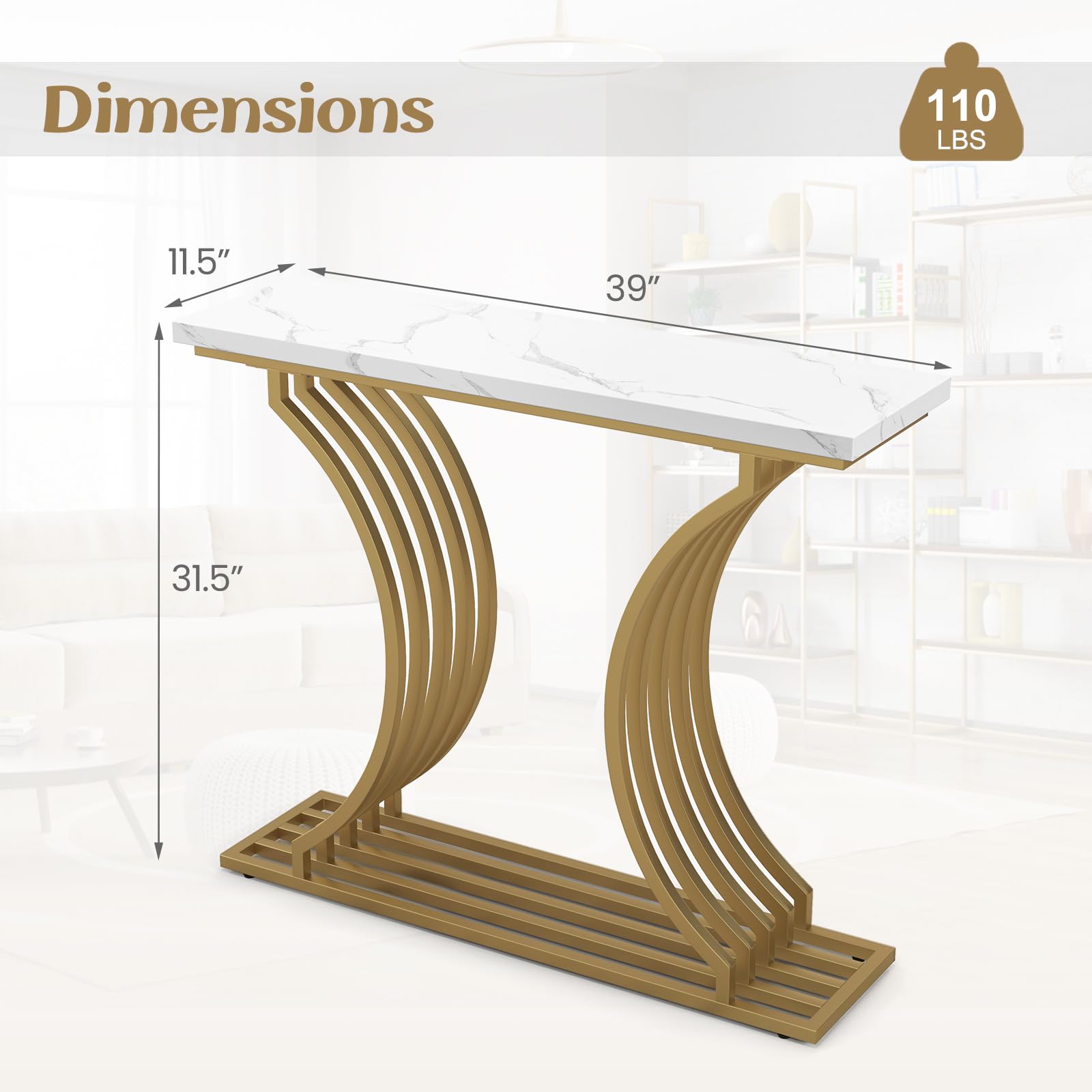 Giantex 39" Entryway Console Table, Gold Narrow Console Table w/White Faux Marble Tabletop