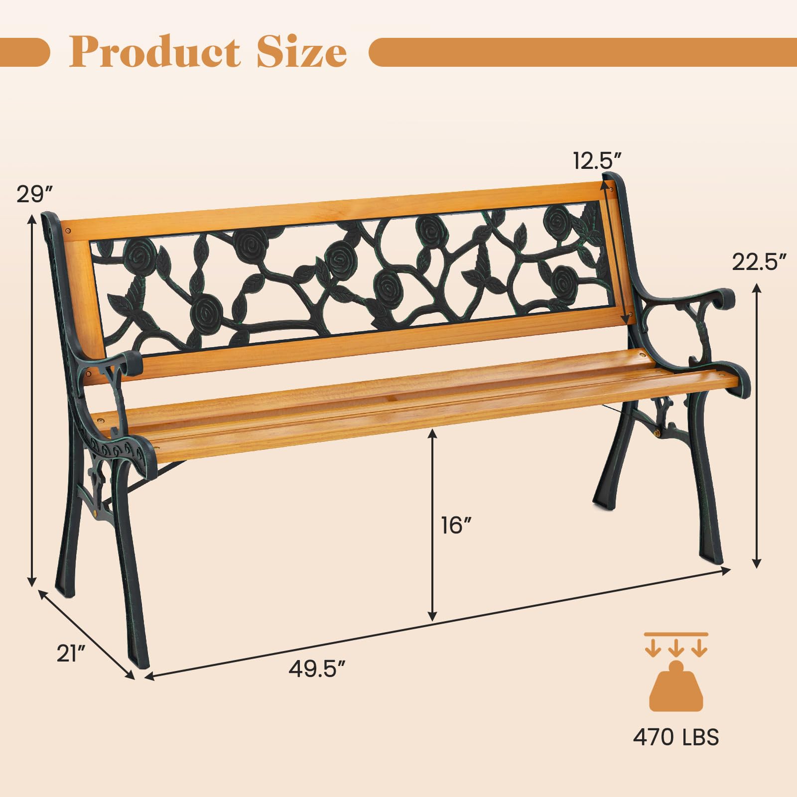 Giantex Outdoor Bench, 3-Person Park Bench with Slatted Seat, Curved Armrests, Floral Pattern Backrest