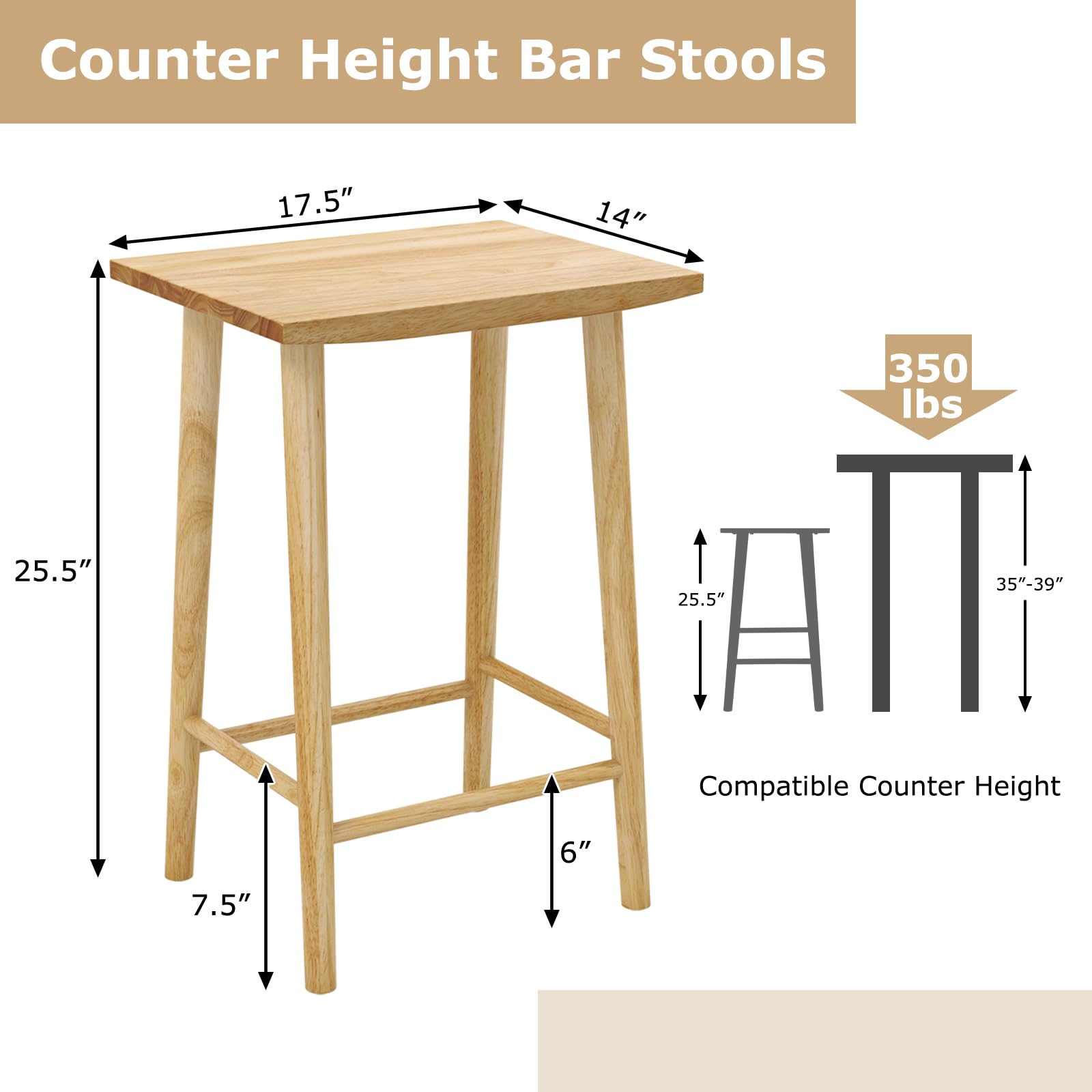 Giantex 25.5" Wooden Bar Stools Set of 2/4, Farmhouse Backless Counter Height Bar Stools with Footrest