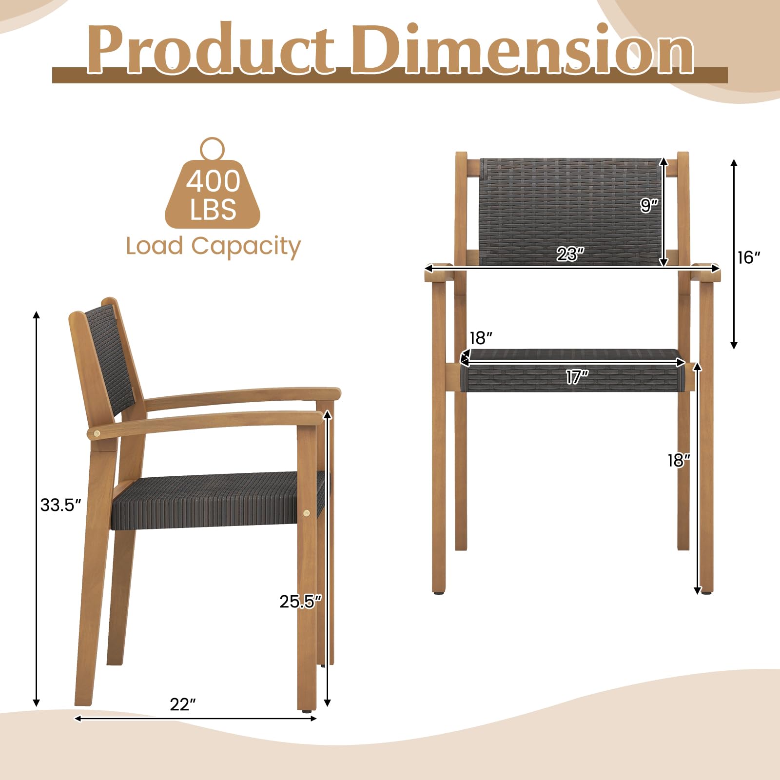 Giantex Stackable Outdoor Wicker Dining Chair Set, Rattan Armchairs w/Acacia Wood Frame