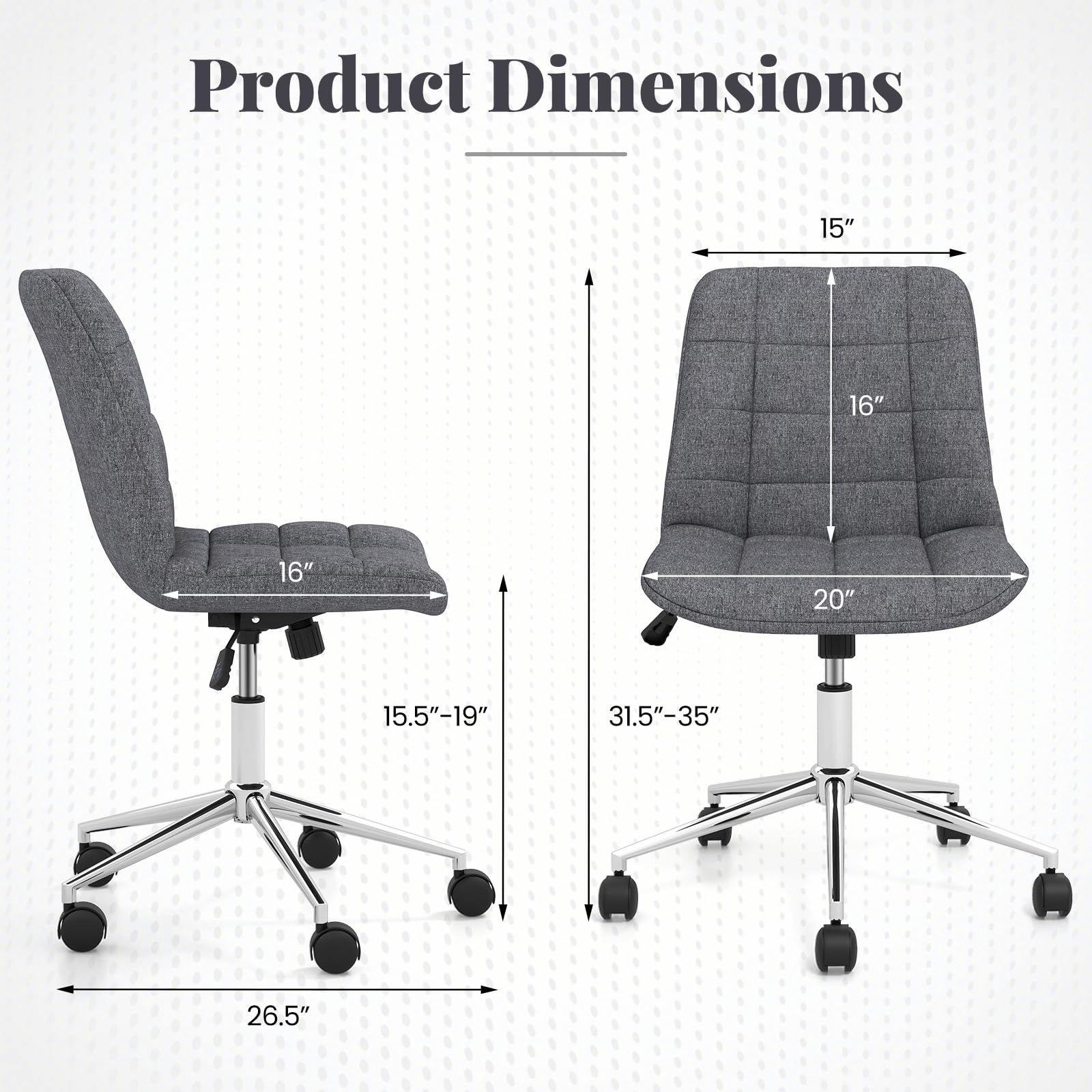 Giantex Armless Office Chair, Linen Fabric Vanity Chair with Wheels & Adjustable Height, 360° Rolling Swivel Task Computer Chair