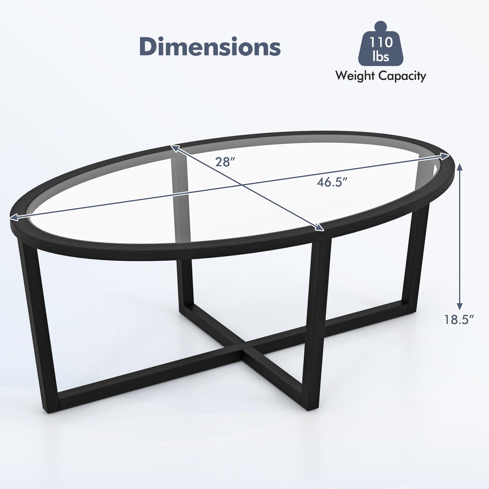 Giantex Glass Coffee Table, 46.5" Oval Accent Sofa Tea Table with Tempered Glass Top, Cross Base & Acacia Wood Legs