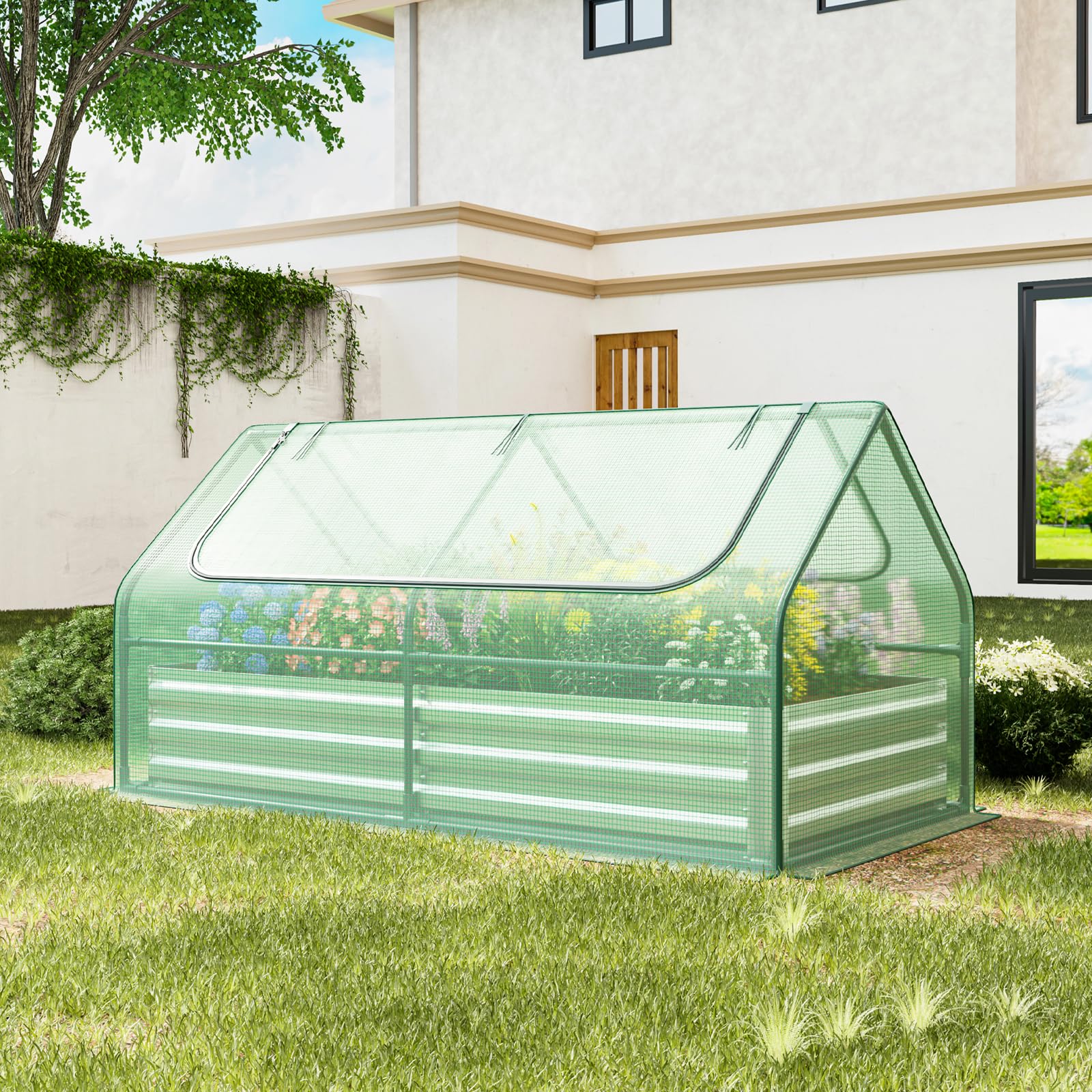 Giantex Galvanized Steel Raised Garden Bed with Mini Greenhouse, Outdoor Metal Planter Box Kit with Large Roll-up Cover