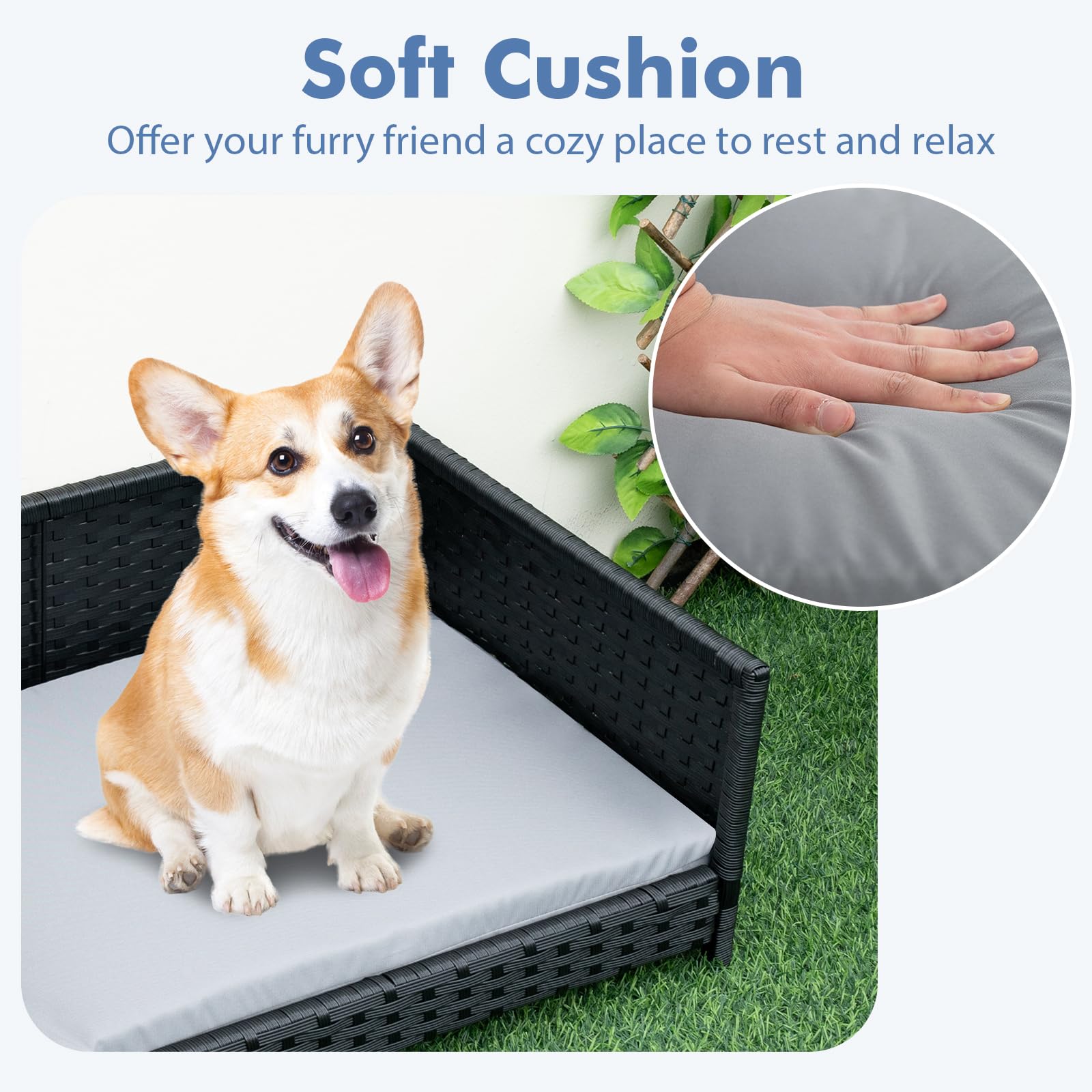 Giantex Wicker Dog Bed, Raised Woven Rattan Pet Bed Sofa Couch w/Waterproof & Washable Cushion