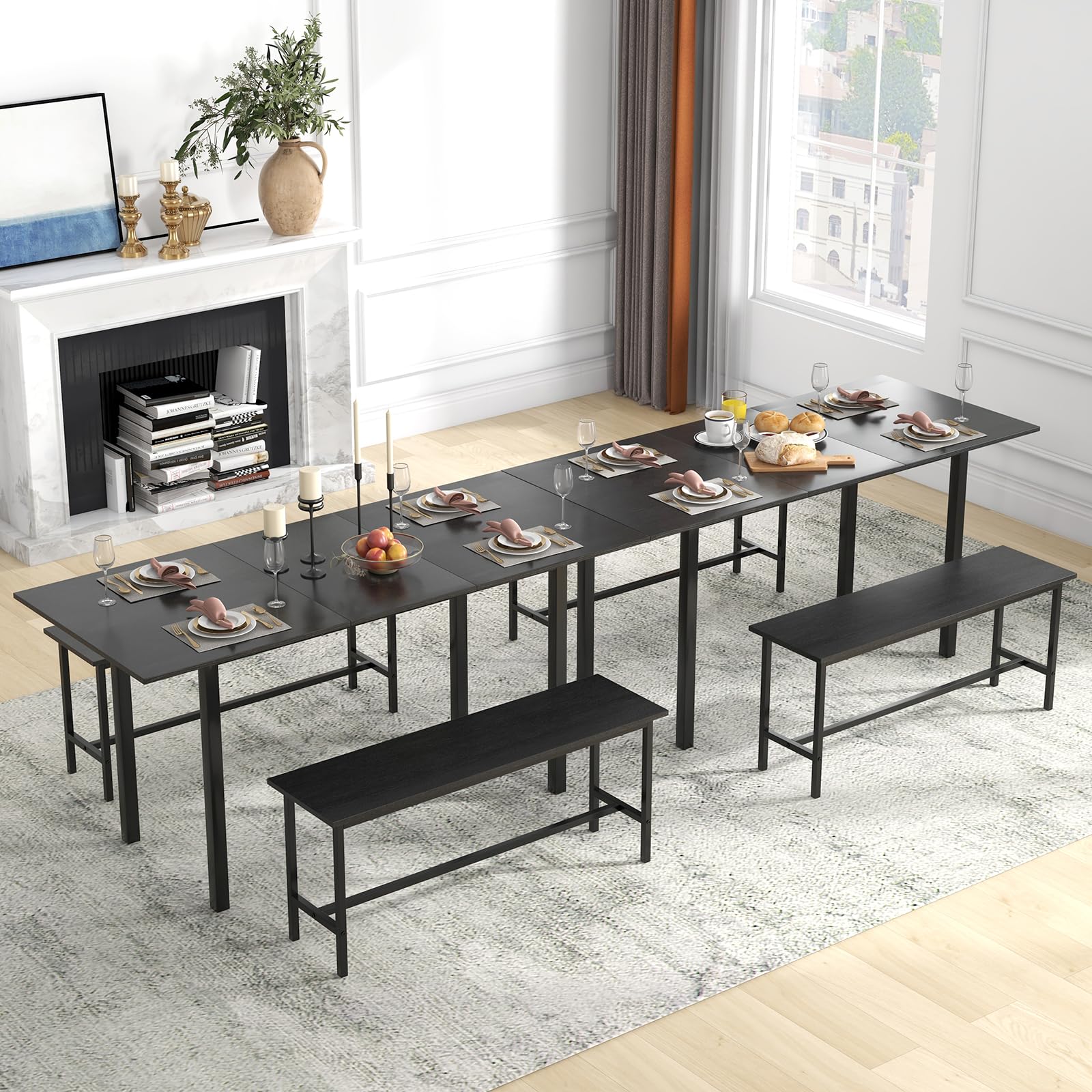 Giantex Dining Room Table Set for 4-6, 3 Piece Dining Table Set, 63” Extendable Dining Table with 2 Benches