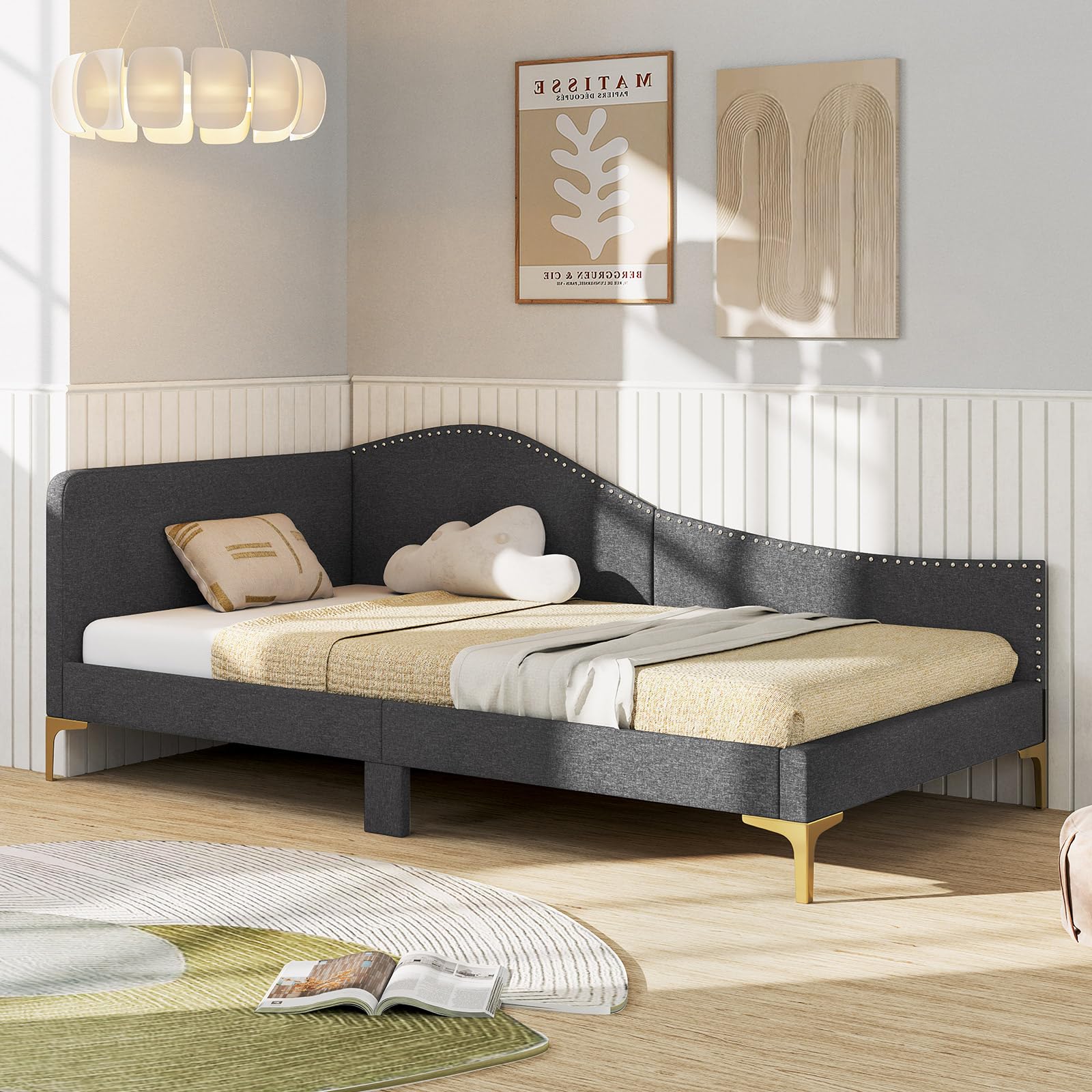 Giantex Upholstered Daybed, Rivet-Tufted Platform Bed with Headboard