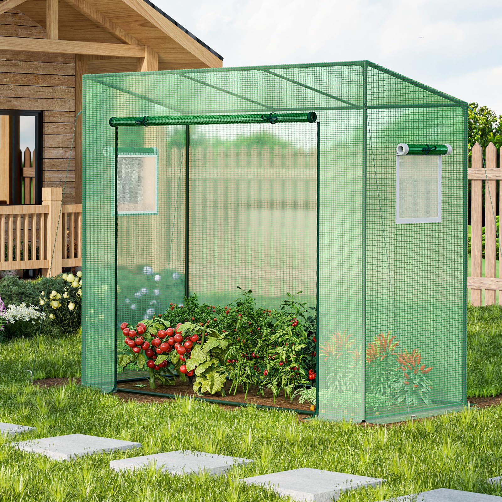 Giantex Walk-in Greenhouse, 4 Ground Stakes & Ropes, Outdoor Portable Mini Greenhouse w/ PE Cover