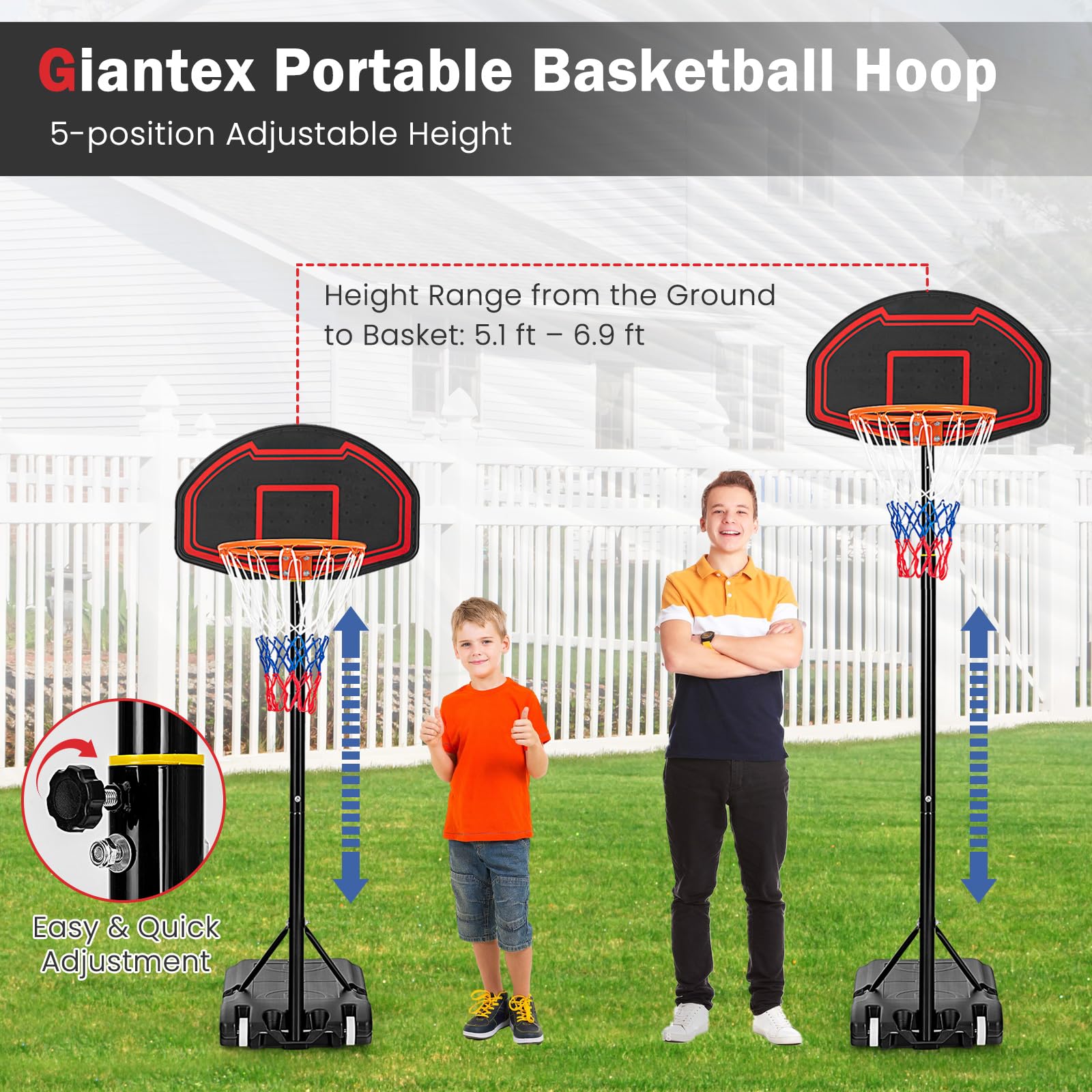 Giantex Portable Basketball Hoop Outdoor, 5.1-6.9Ft Height-Adjustable Basketball Goal System Indoor w/Shatterproof Backboard