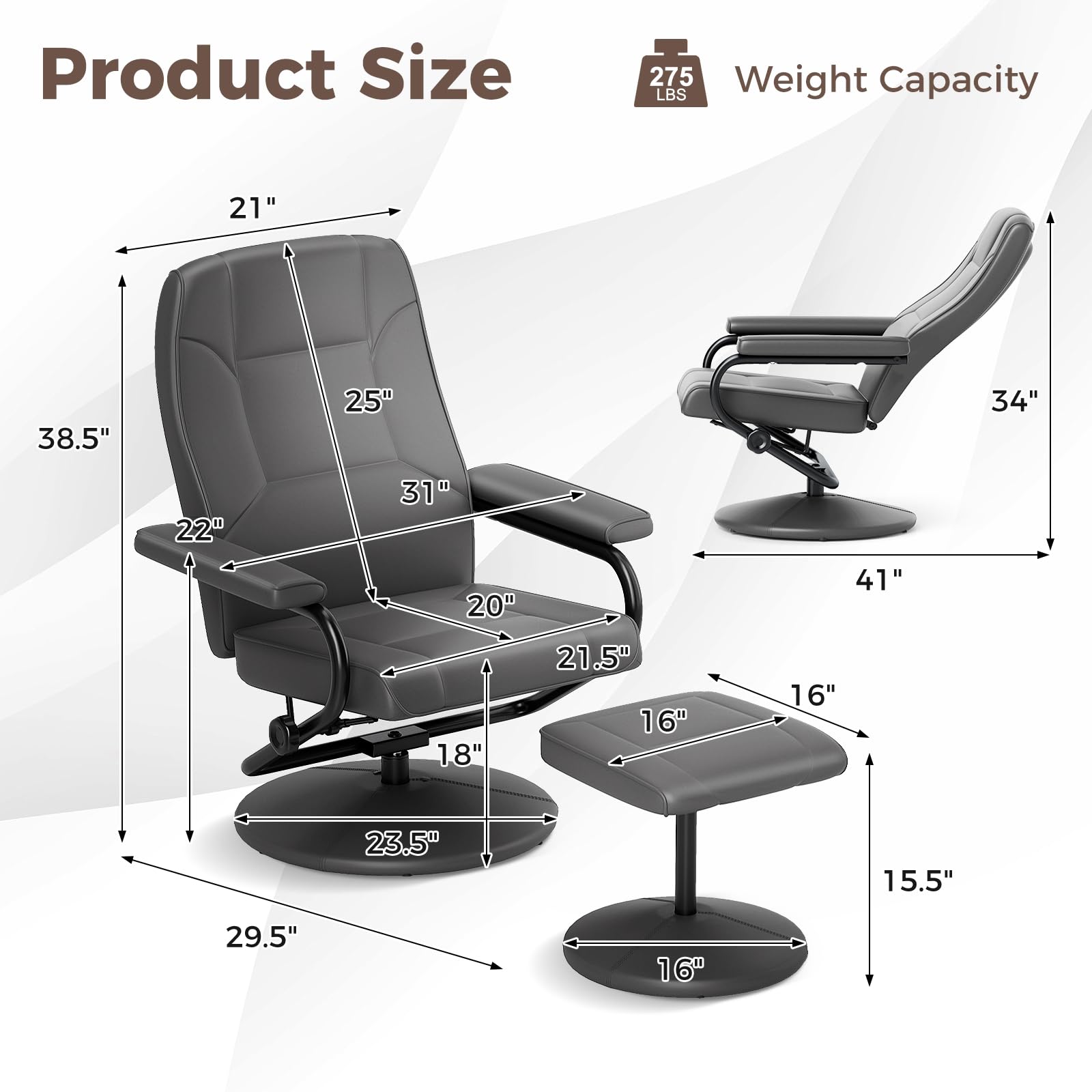 Giantex Recliner Chair with Ottoman, 360 Degree Swivel Leather Reclining Chair with Stable Steel Base