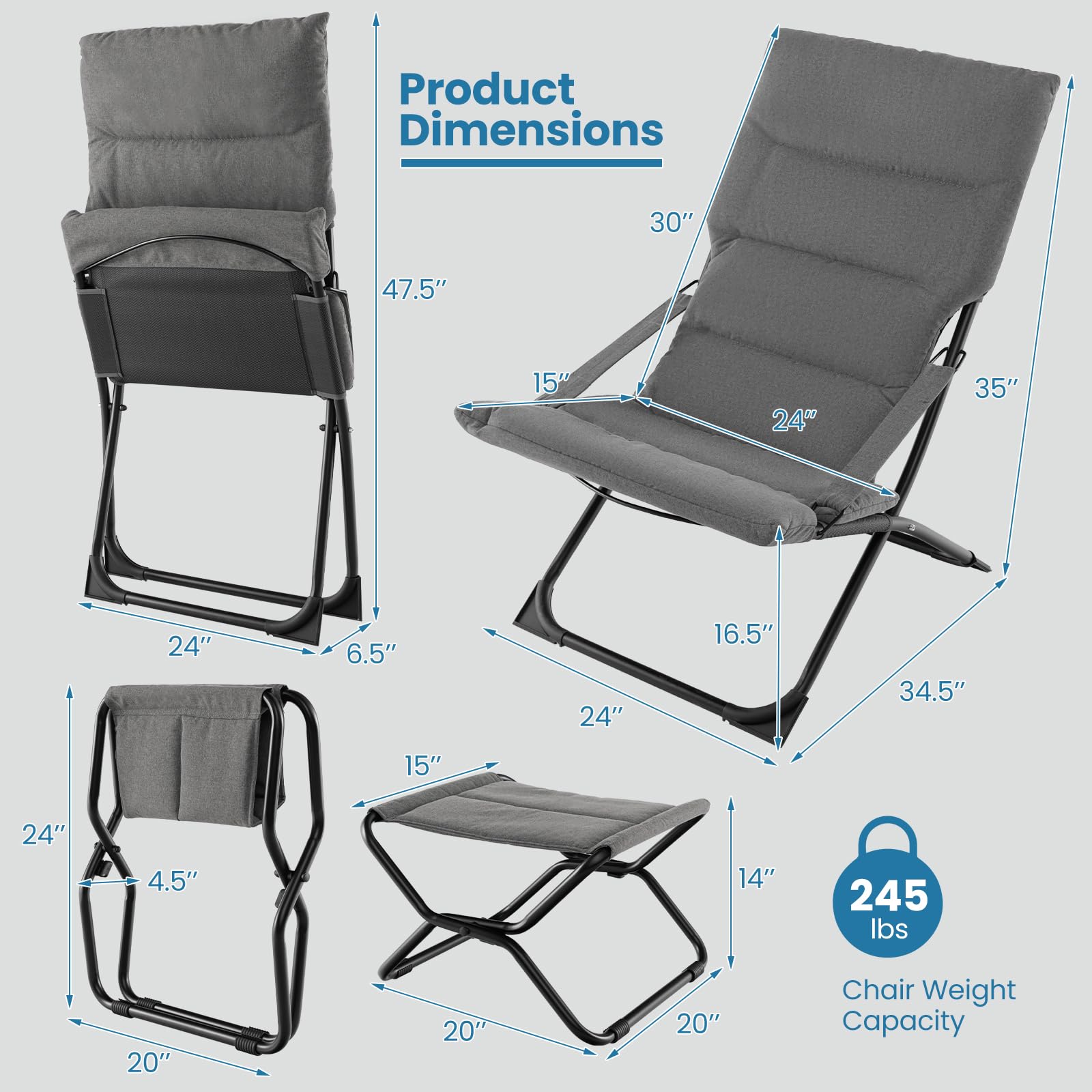 Giantex Patio Folding Chairs with Footrest, Outdoor Lounge Chair with Removable Cushion