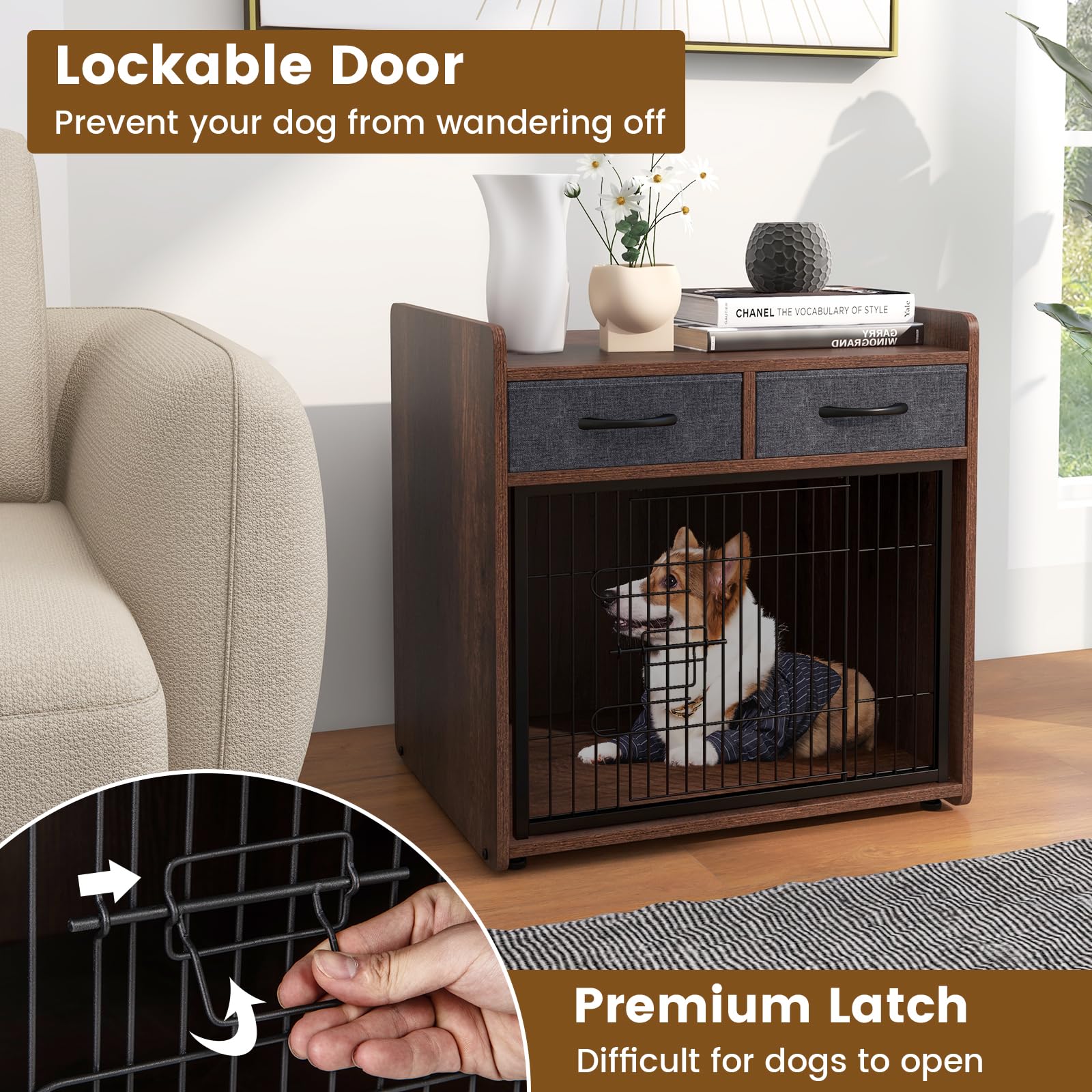 Giantex Dog Crate Furniture - Wooden Dog Cage End Table with 2 Storage Drawers