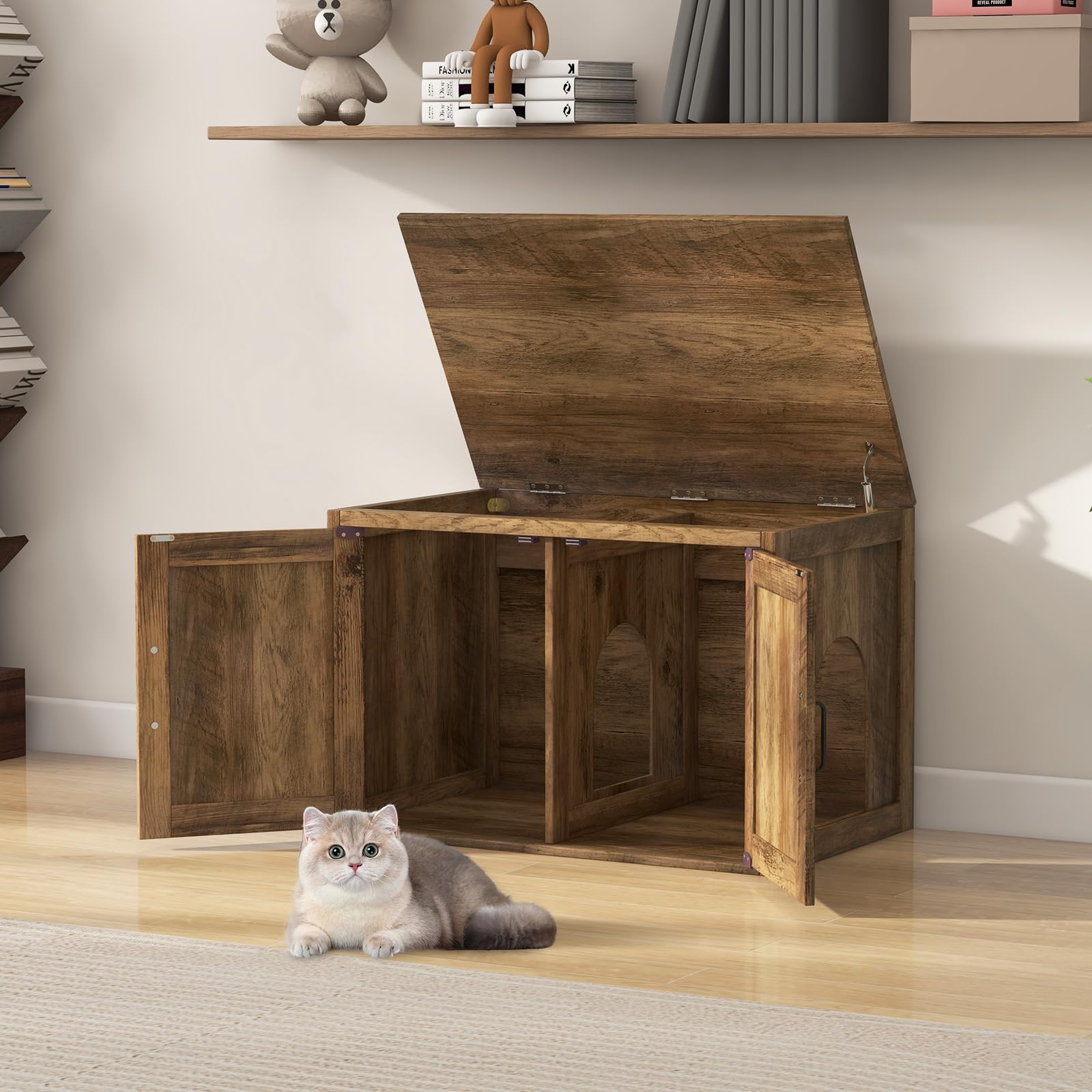 Giantex Cat Litter Box Enclosure - Flip Top Litter Box Hidden Furniture with Barn Door, Side Entrance