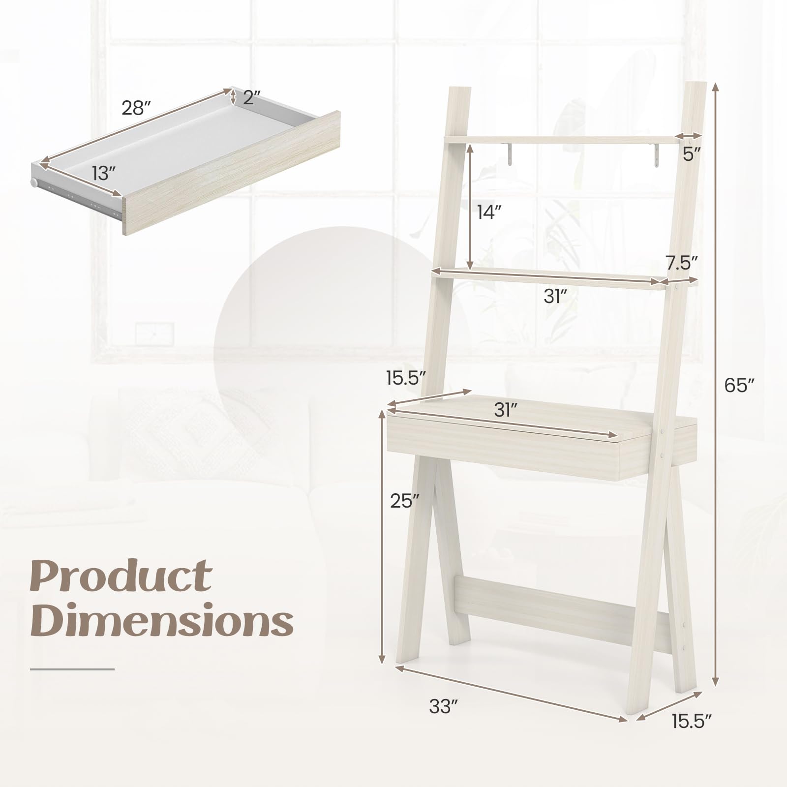 Giantex 3 Tier Ladder Desk with Drawer, 33’’ Width Ladder Shelf with Anti-tipping Device, Freestanding Bookshelf