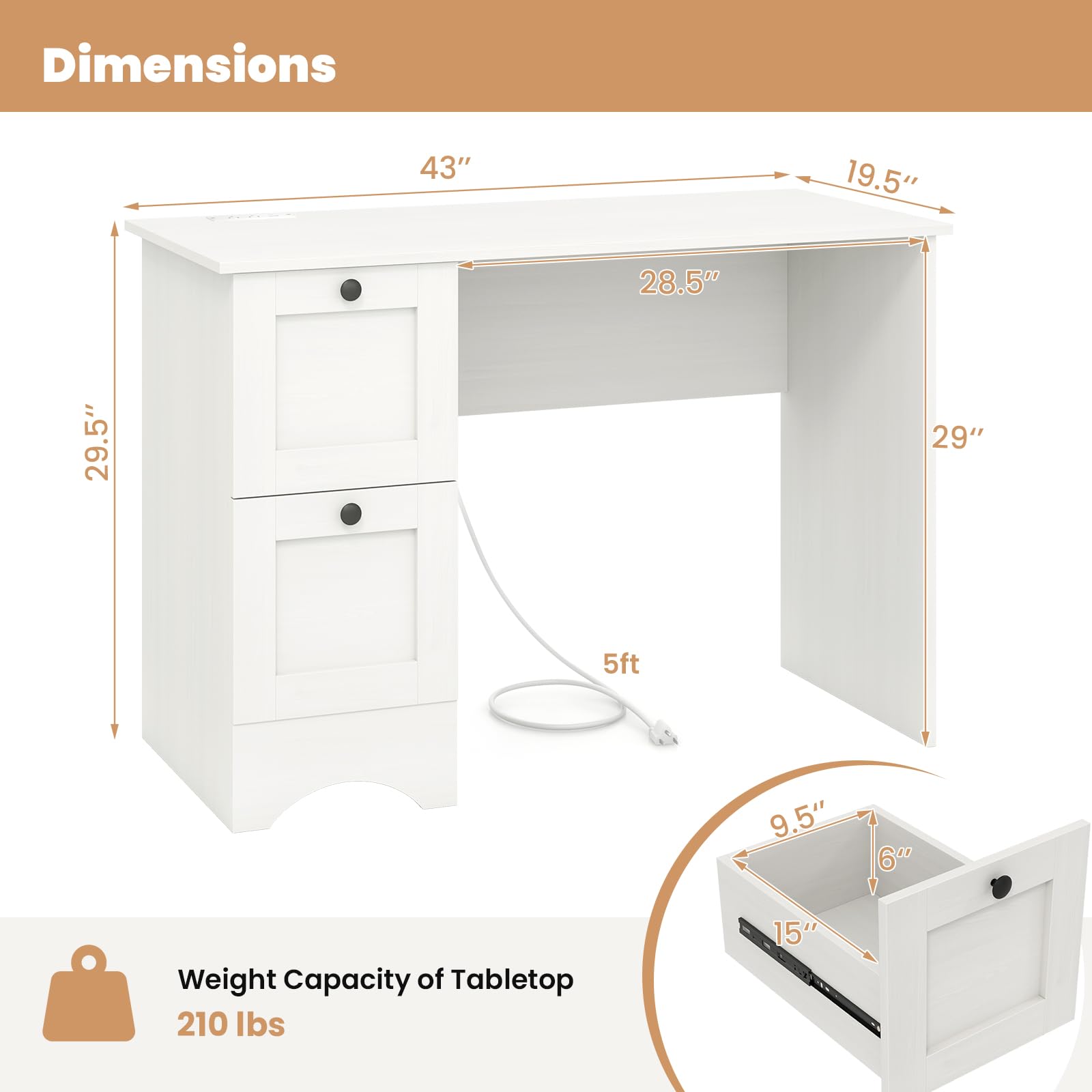 Giantex White Desk with 2 Drawers, 43” Wooden Home Office Desk with Charging Station