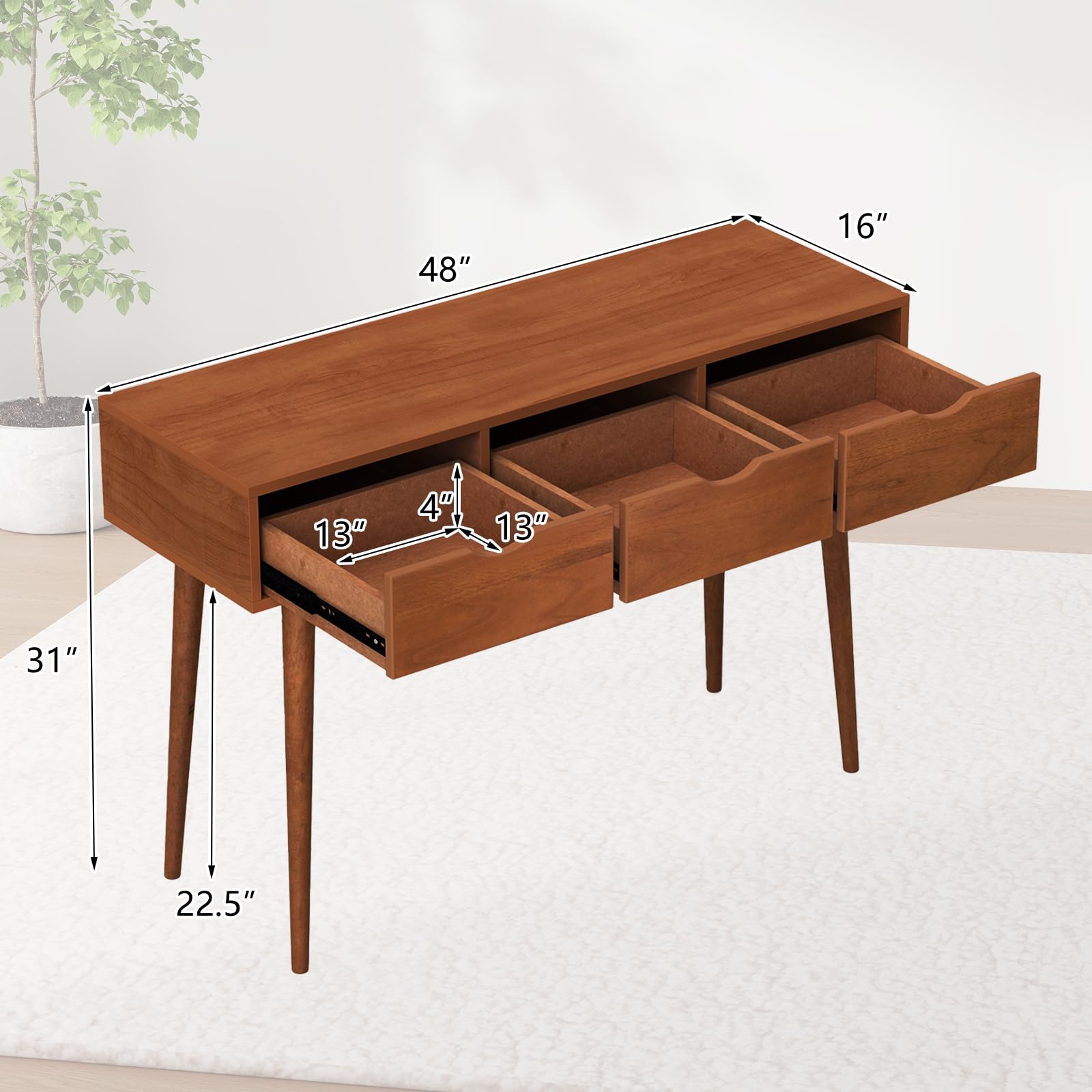 Giantex Writing Desk with 3 Drawers, 48" Computer Desk with Solid Wood Legs, Mid Century Modern Work Table