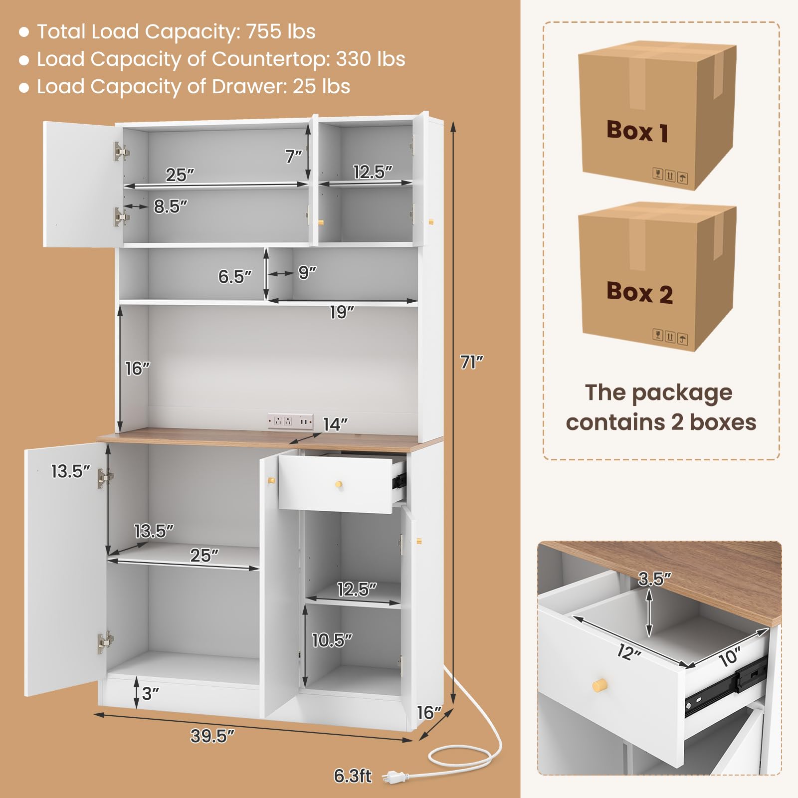 Giantex Kitchen Pantry Cabinet, 71” Tall Buffet Cabinet with Hutch, Built-in Power Outlet