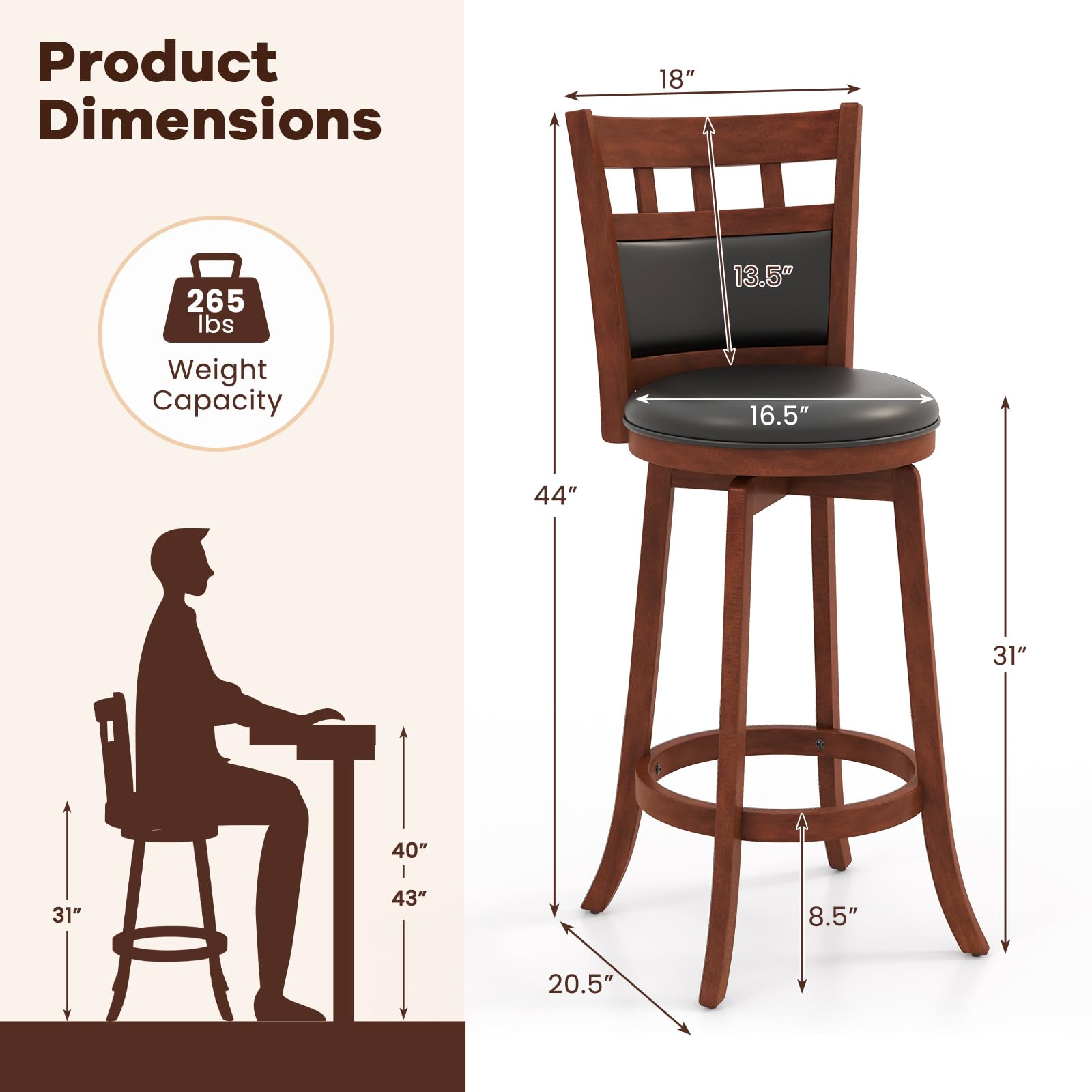 Giantex Wood Bar Stools Set, 31" Swivel Bar Height Barstools w/Back, Rubber Wood Frame