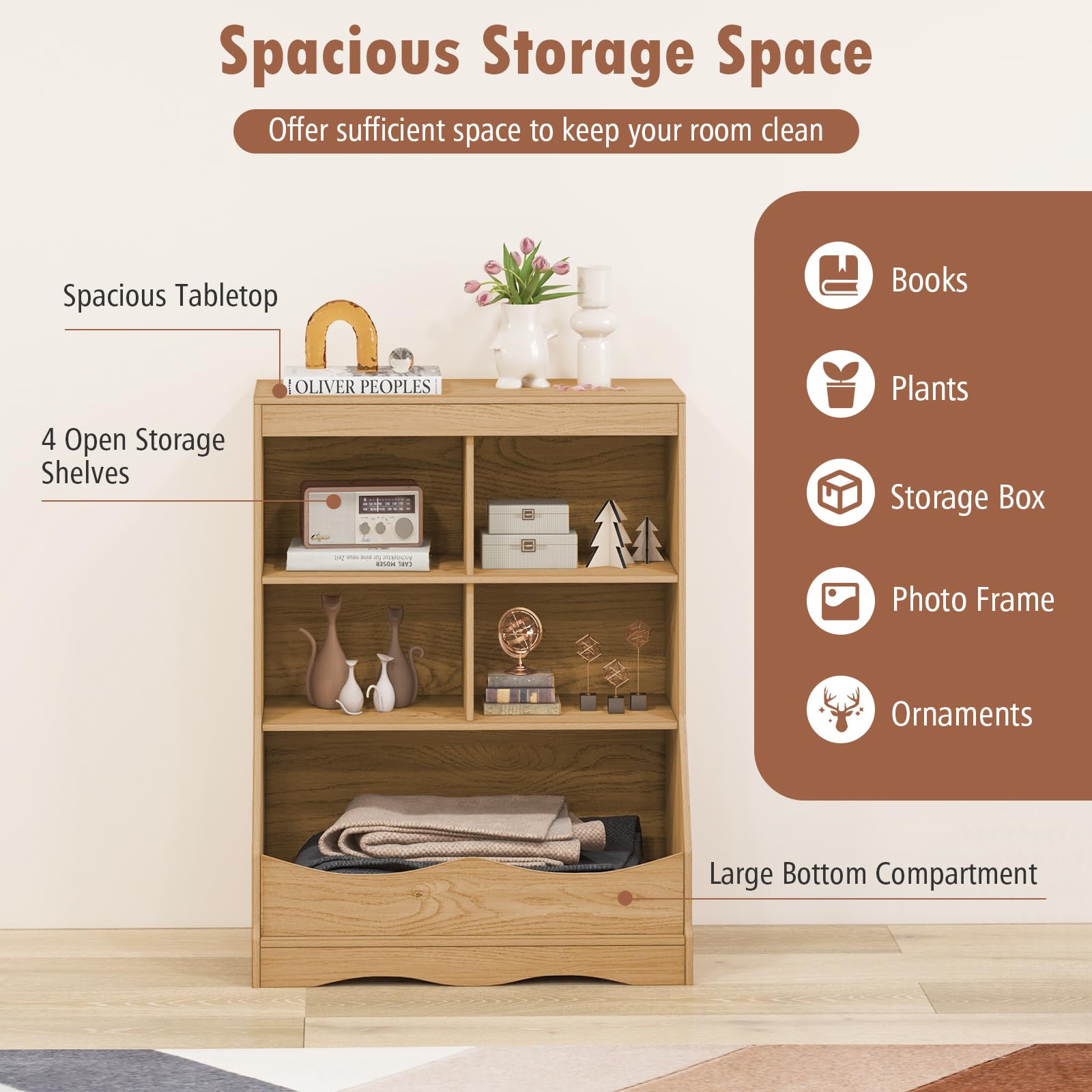 Giantex Storage Cabinet, Small Bookshelf, Short Bookcase with 4 Open Storage Cube & Bottom Compartment