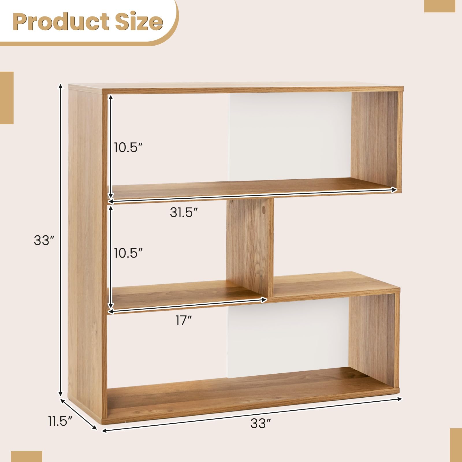 Giantex 3-Tier Bookshelf, Wooden Concave Bookcase for Small Space, Modern Freestanding Display Storage Shelves