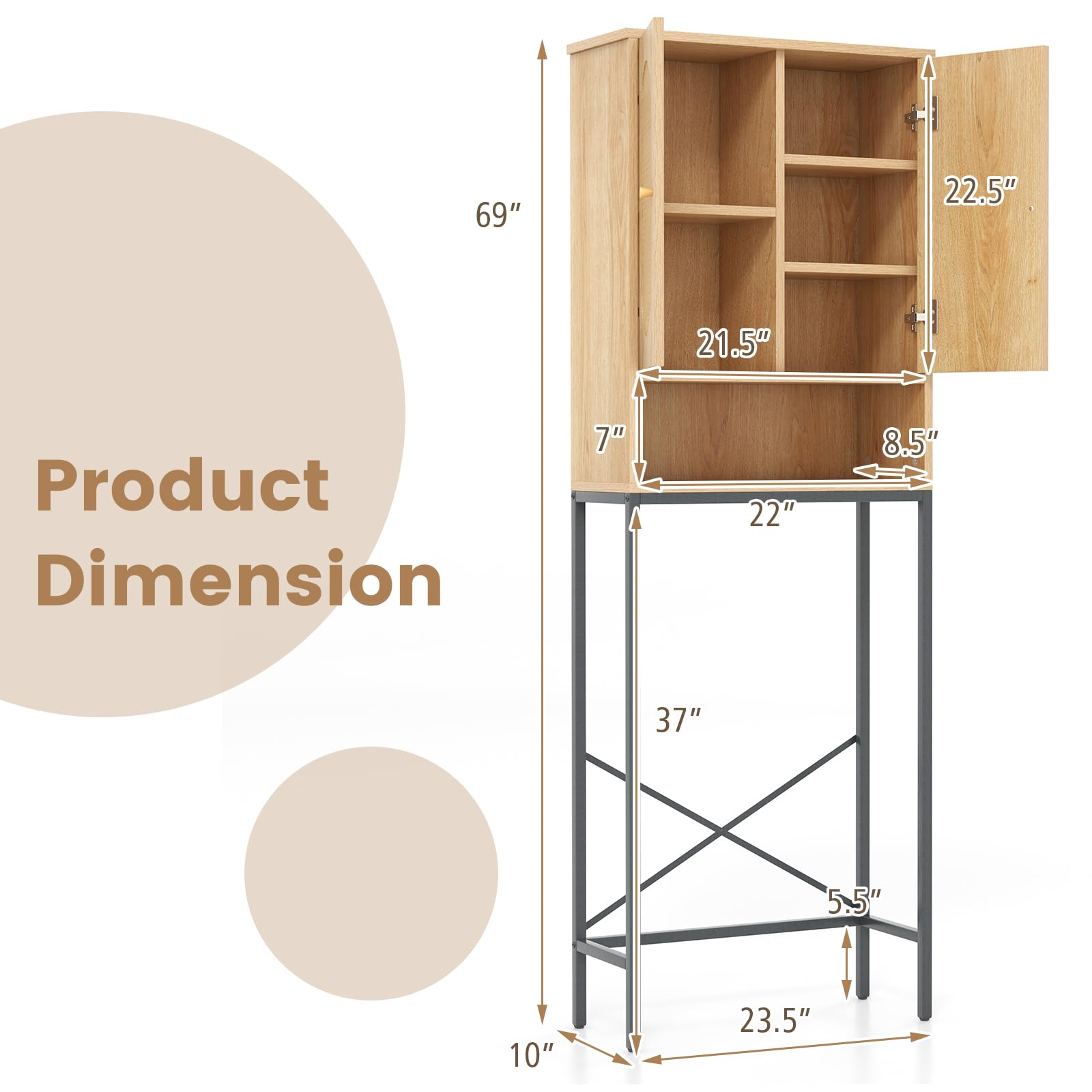 Giantex Over The Toilet Storage Cabinet - 69" Over Toilet Bathroom Organizer with Rattan Doors