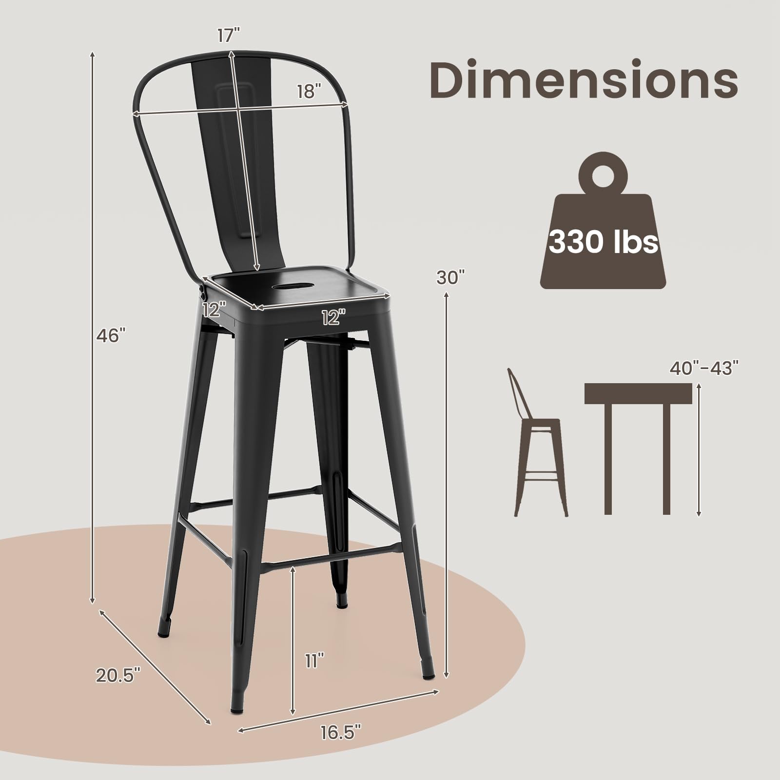 Giantex Metal Bar Stools Set of 4, 30" High Back Bar Height Chairs w/Footrest & Removable Backrest