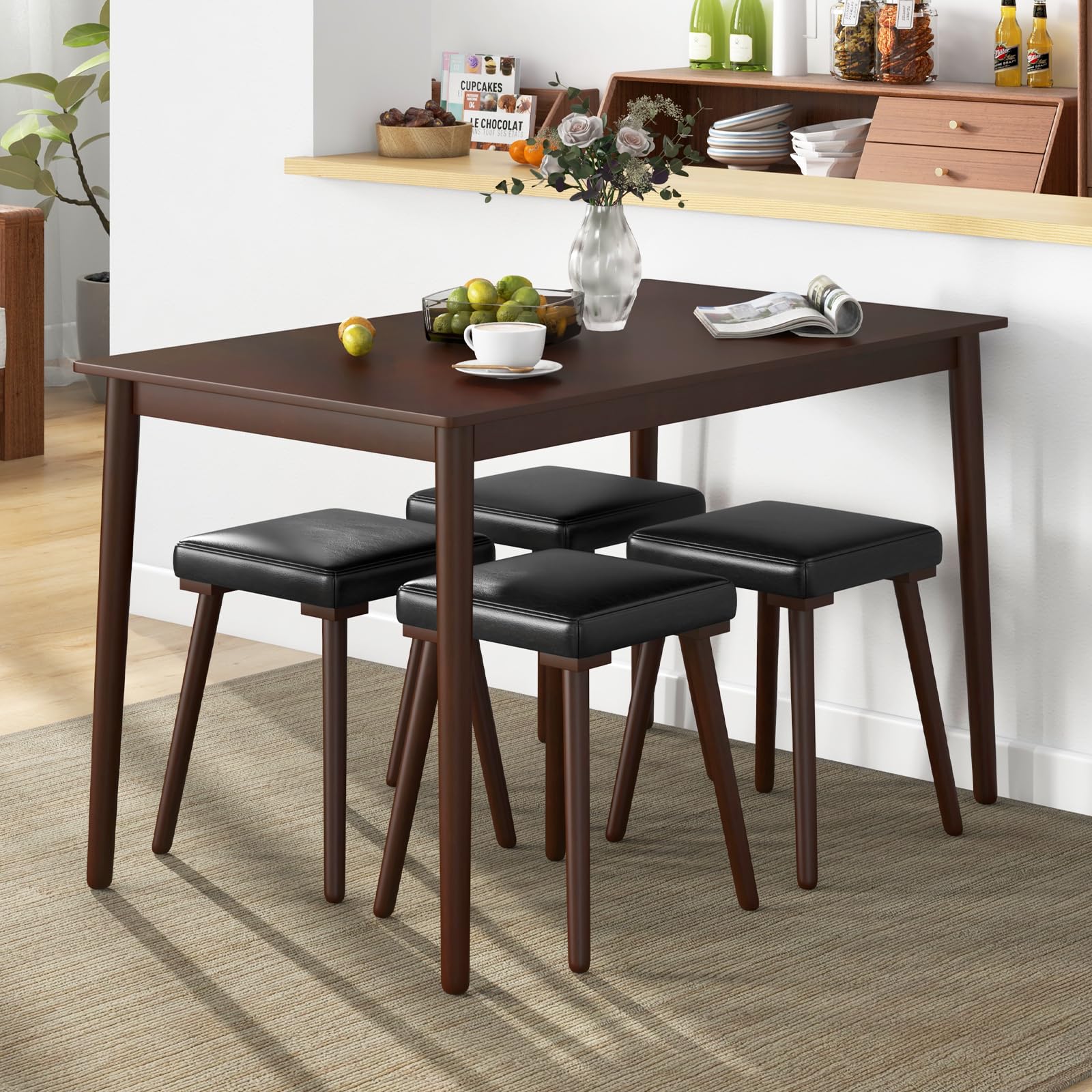 Giantex 5-Piece Dining Table Set for 4 - Dining Table with 4 Upholstered Stools, Rubber Wood Legs