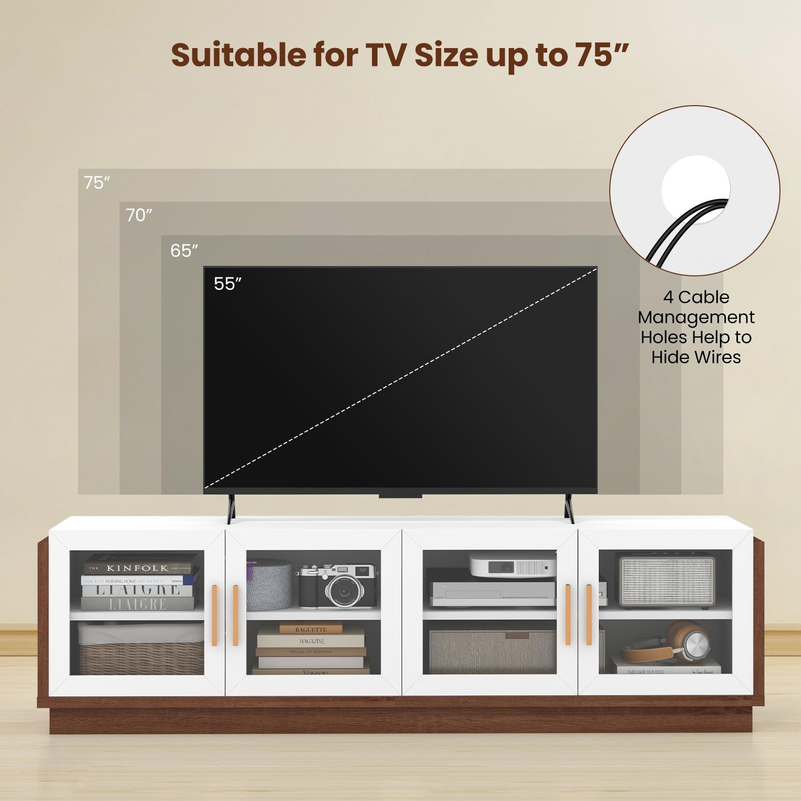 Giantex Large TV Stand for TVs up to 75”, Entertainment Center with 4 Tempered Glass Doors