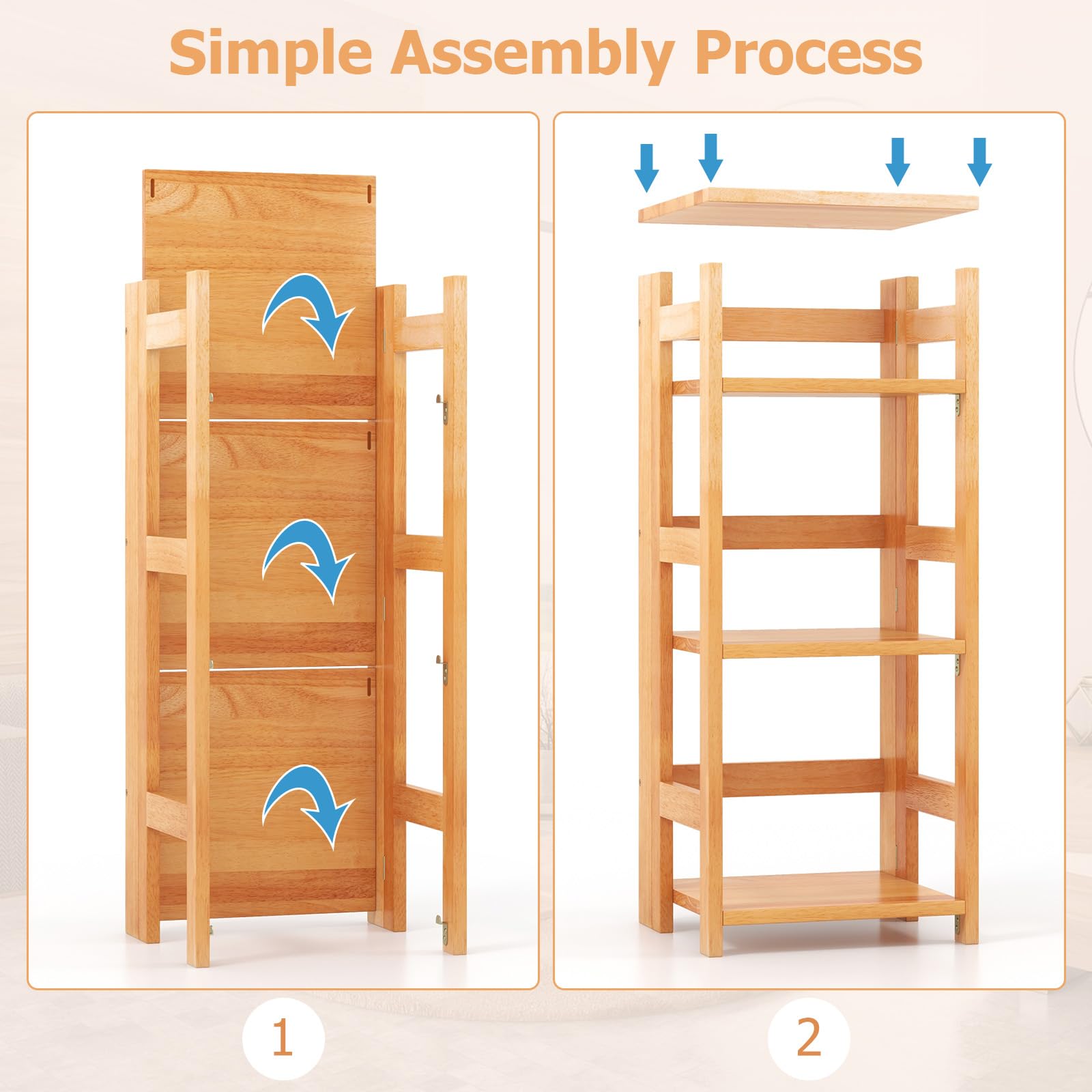 Giantex 4-Tier Bookshelf, 34.5" Floor Storage Shelf w/Rubber Wood Frame, Anti-Toppling Kits, 14" x 13" x 34.5"