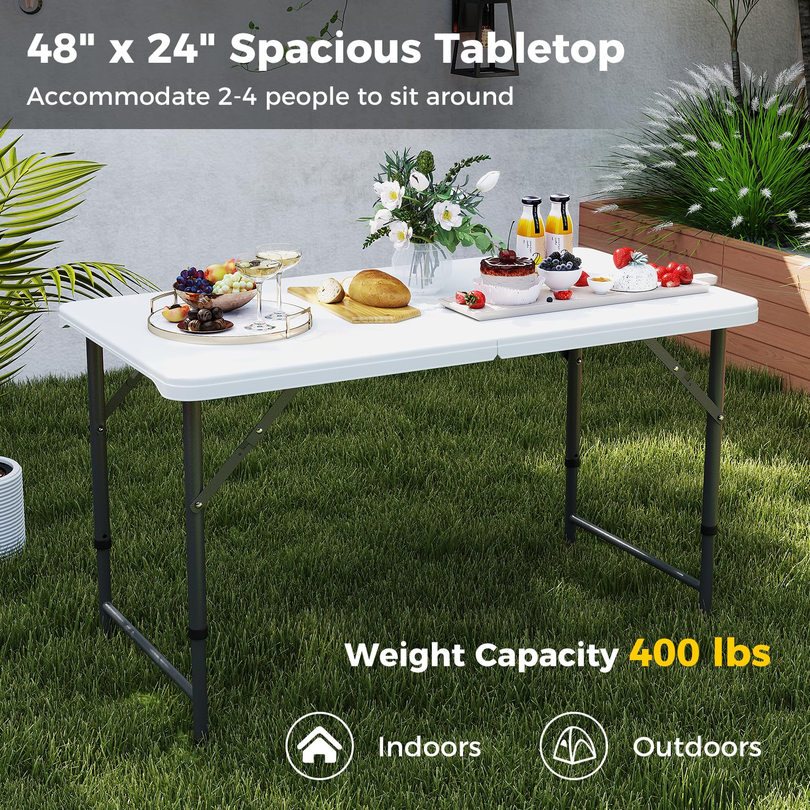 Giantex 48” x 24” Folding Table, HDPE Portable Fold-in-Half Table with 20”-29” Adjustable Heights