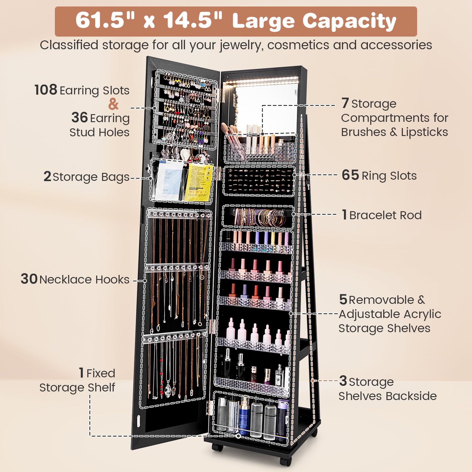 CHARMAID Jewelry Cabinet Armoire with Wheels, 64" Full Length Mirror with Jewelry Storage