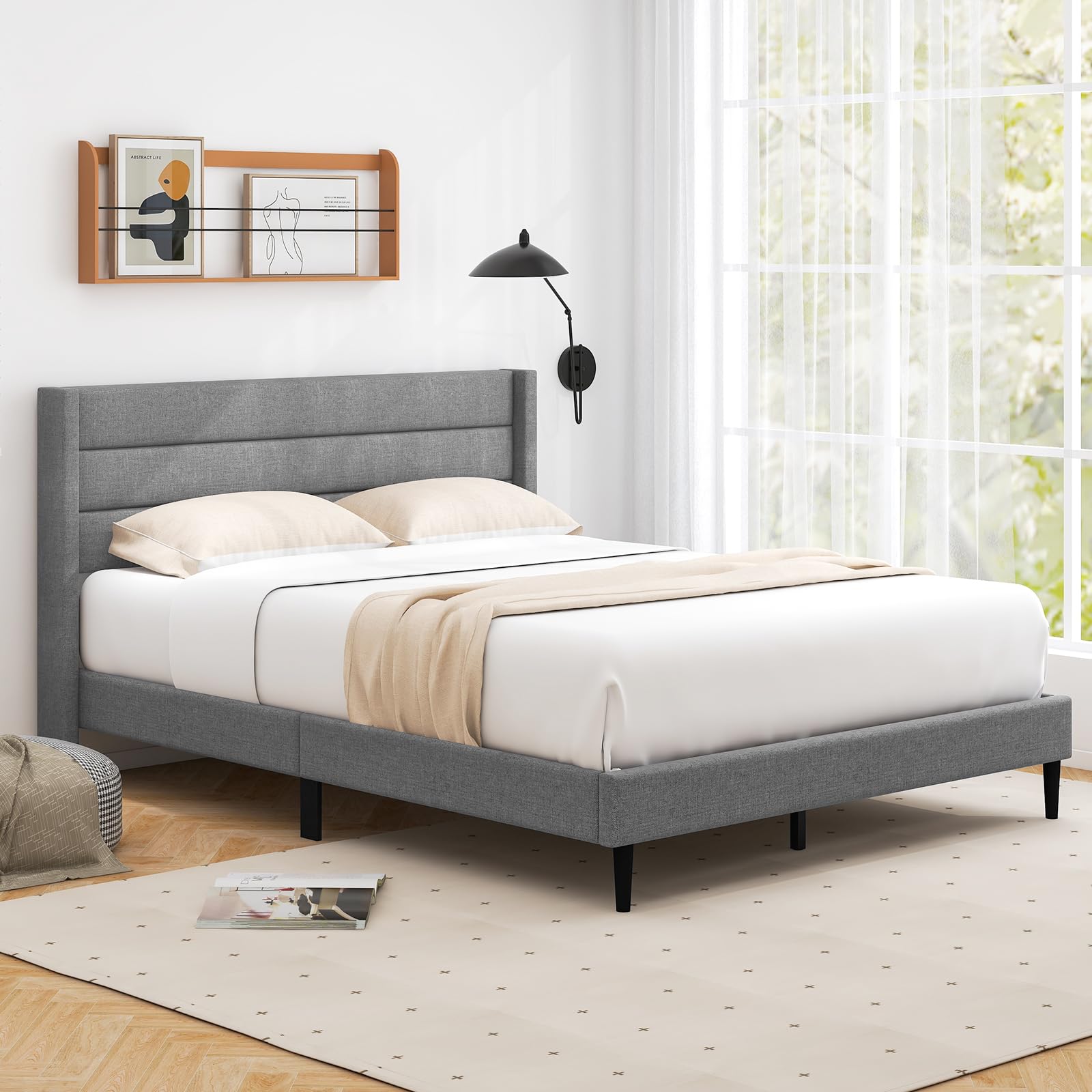 Giantex Bed Frame, Modern Linen Upholstered Platform Bed with Wingback Headboard