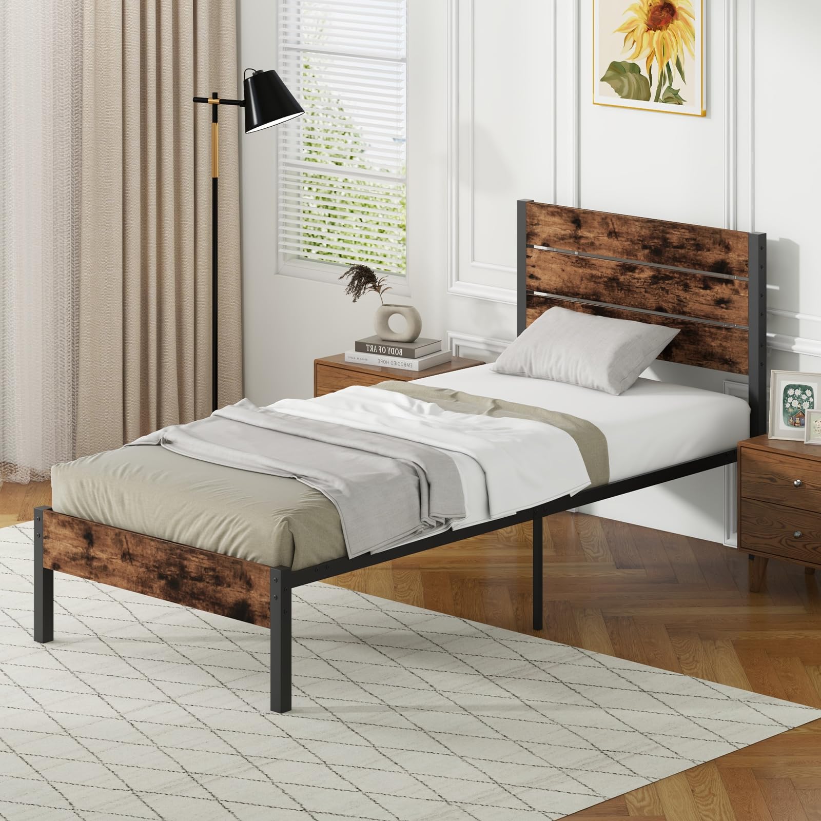 Giantex Metal Platform Bed Frame, Industrial Bed Frames with Wood Headboard