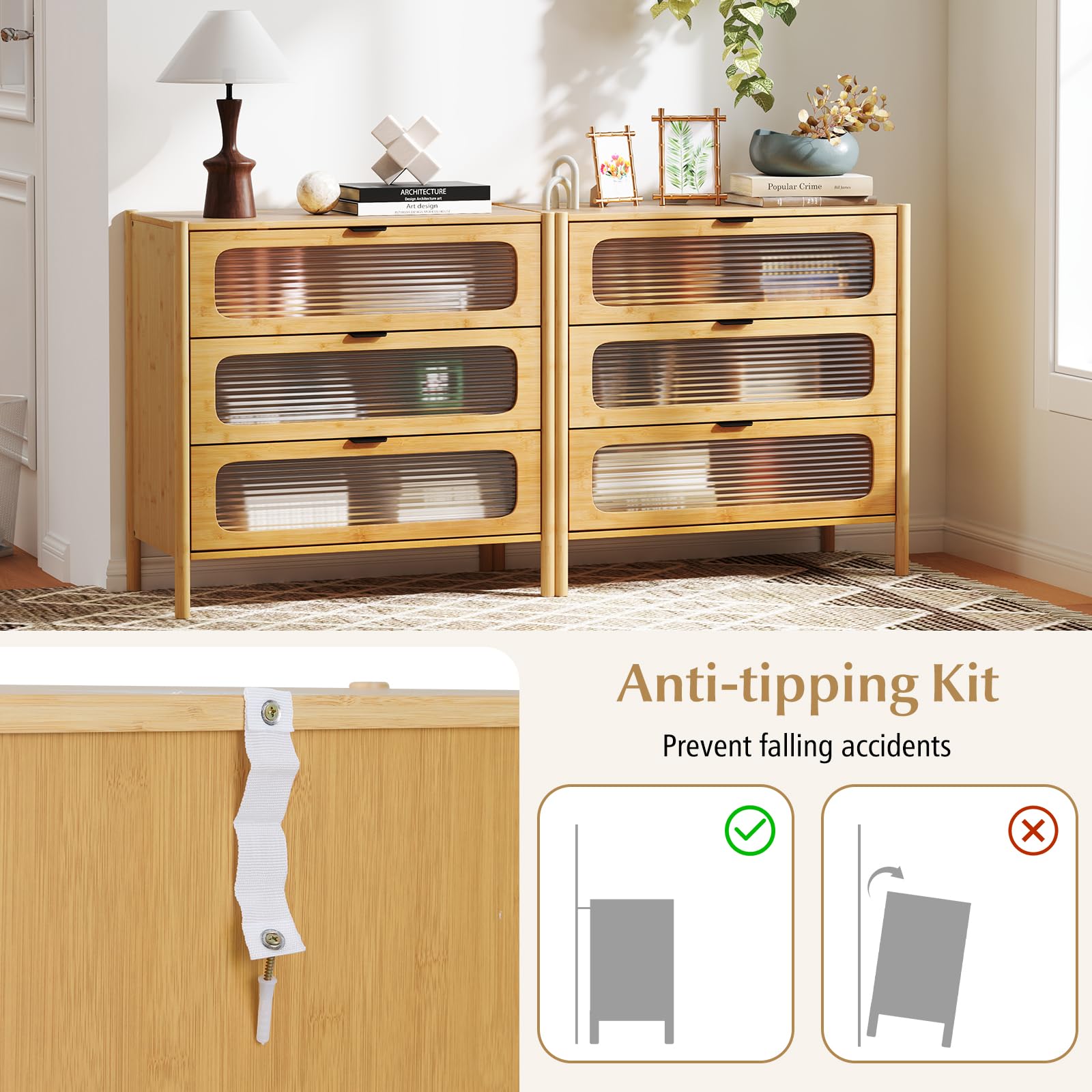 Giantex Bamboo 3-Drawer Storage Cabinet