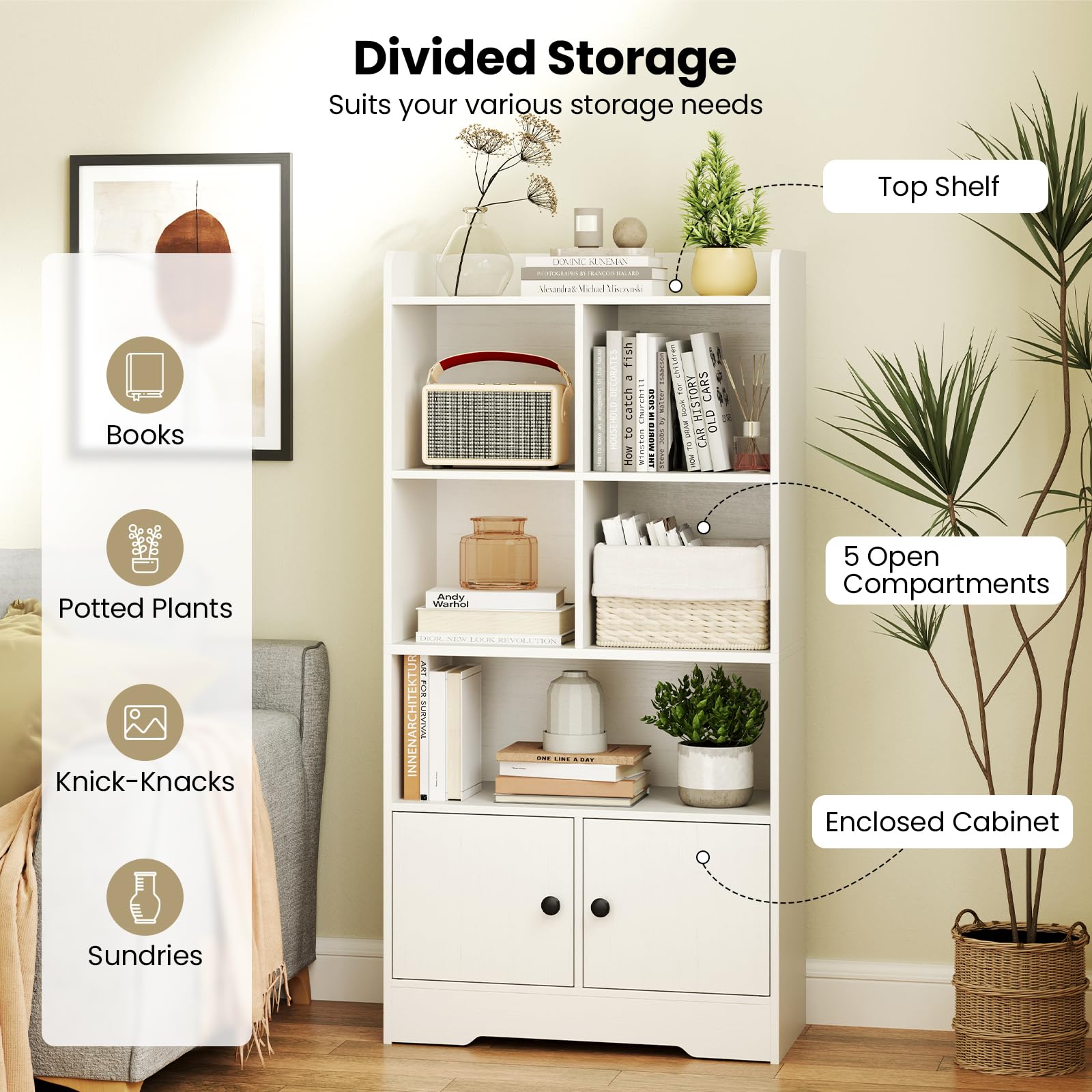 Giantex 4-Tier Bookcase with Doors, Small Bookshelf with 5 Cubbies and 2 Cabinets, White Freestanding Bookshelf