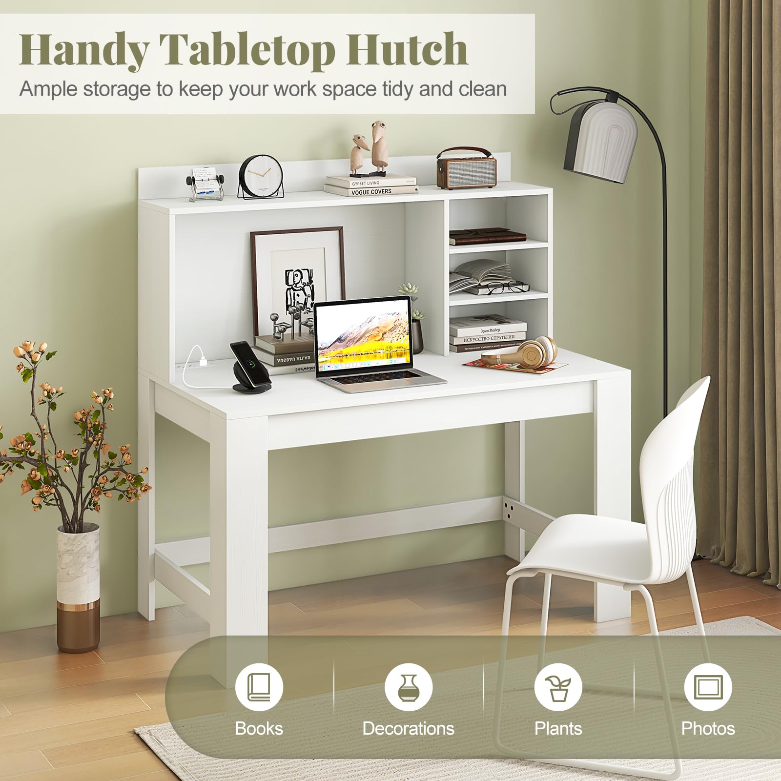 Giantex Computer Desk with Hutch, Modern Home Office Desk with Power Outlets, Storage Shelves & Cable Hole