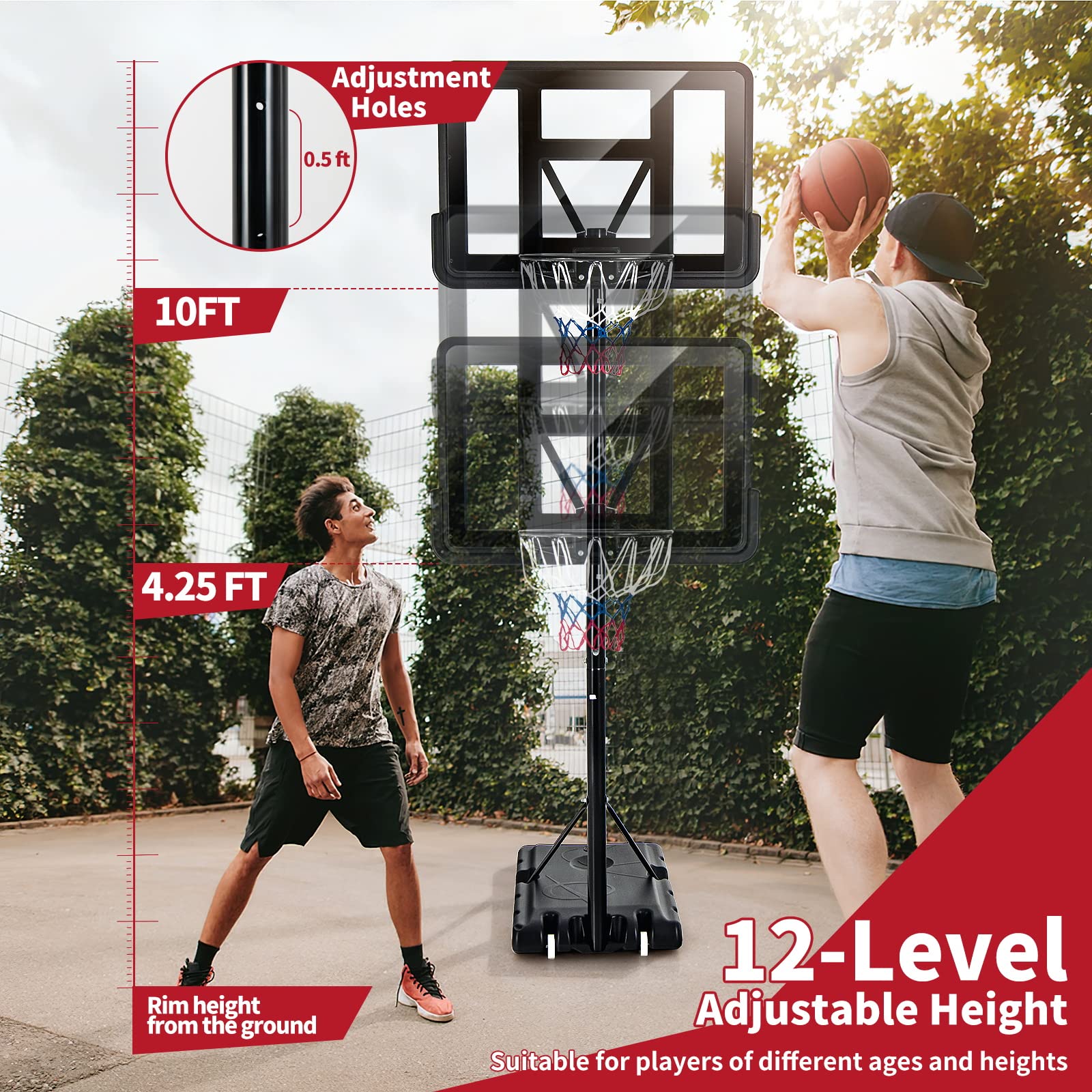 Giantex Portable Basketball Hoop Outdoor, 4.25-10ft Height Adjustable Basketball Goal System w/ 43.5" Shatterproof Backboard