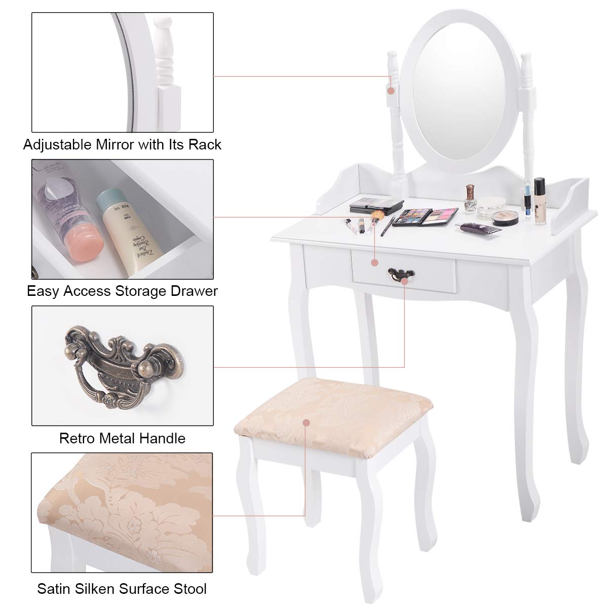 Giantex Bathroom Vanity Table Set w/Mirror Cushioned Stool Makeup Dressing Table Set