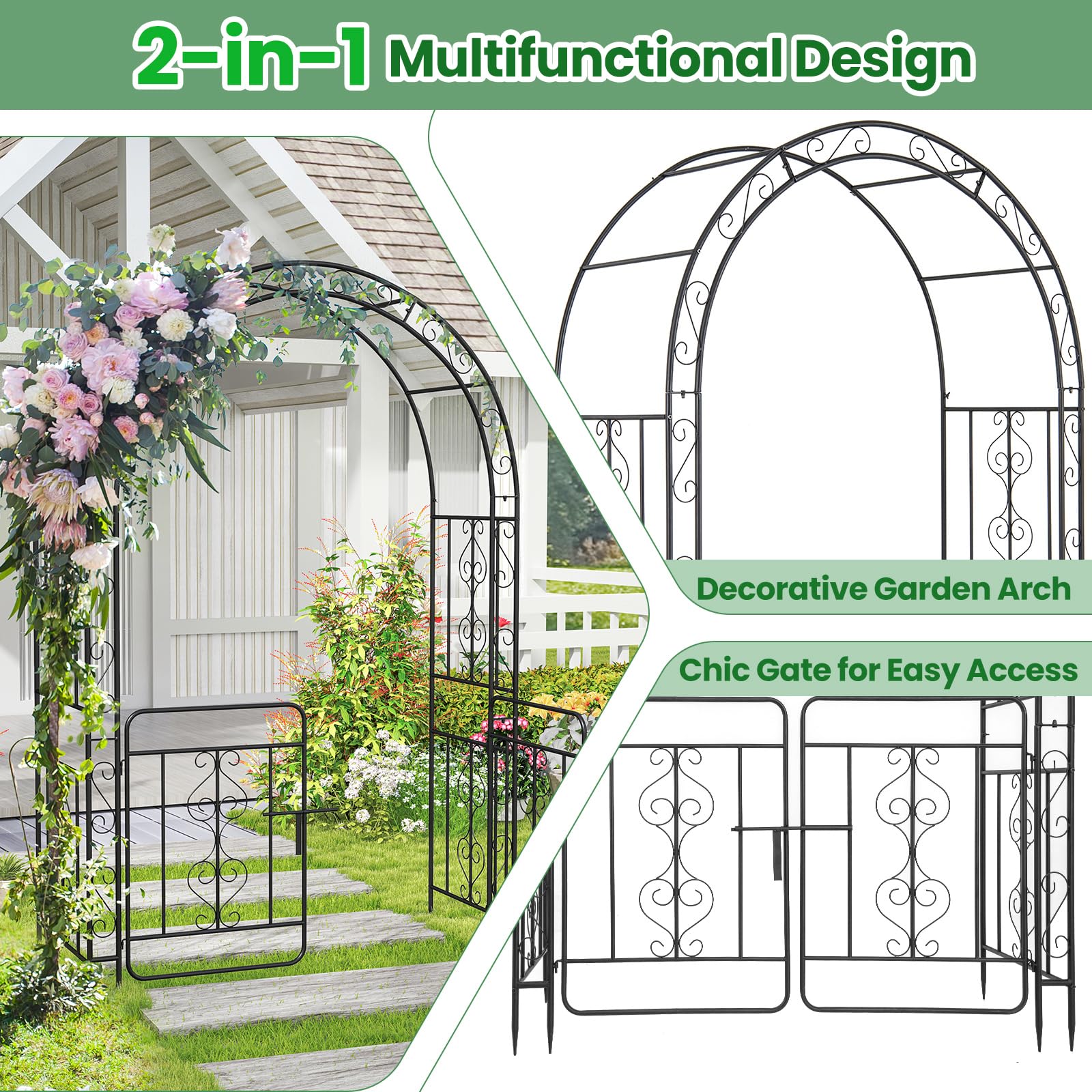 Giantex Garden Arbor with Gate, 84" H x 54" W Metal Arch Trellis for Climbing Plants Rose Vines