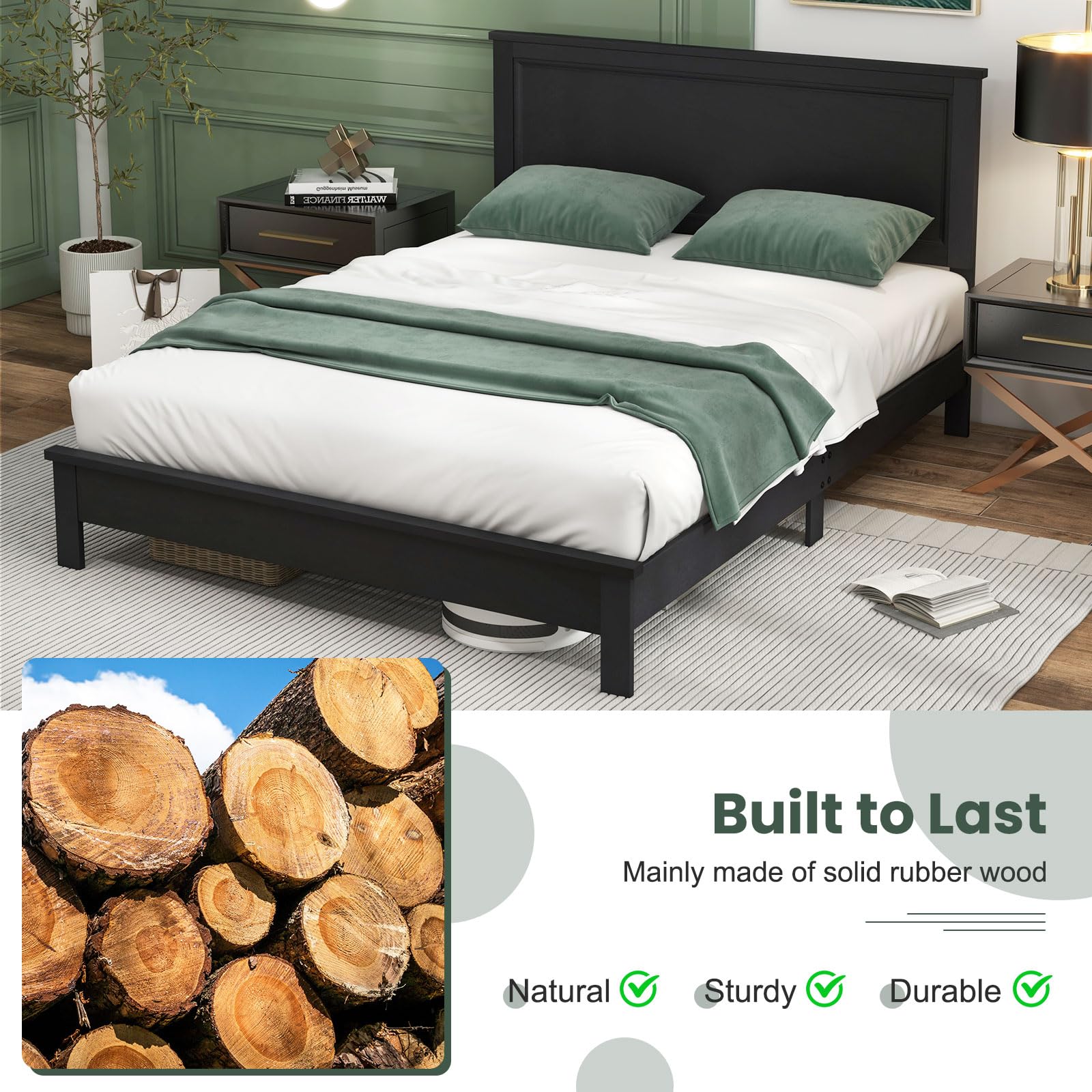 Giantex Wood Platform Bed Frame with Headboard, Mid Century Bed Frame with Solid Wood Legs & Wooden Slat Support