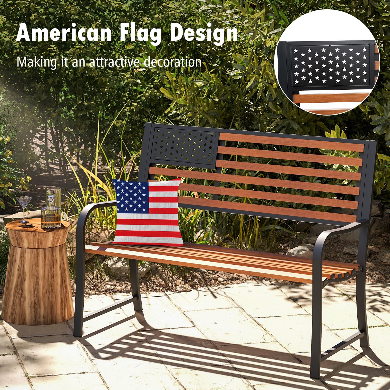 Giantex Outdoor Bench, 2-Person Metal Garden Bench with American Flag Backrest