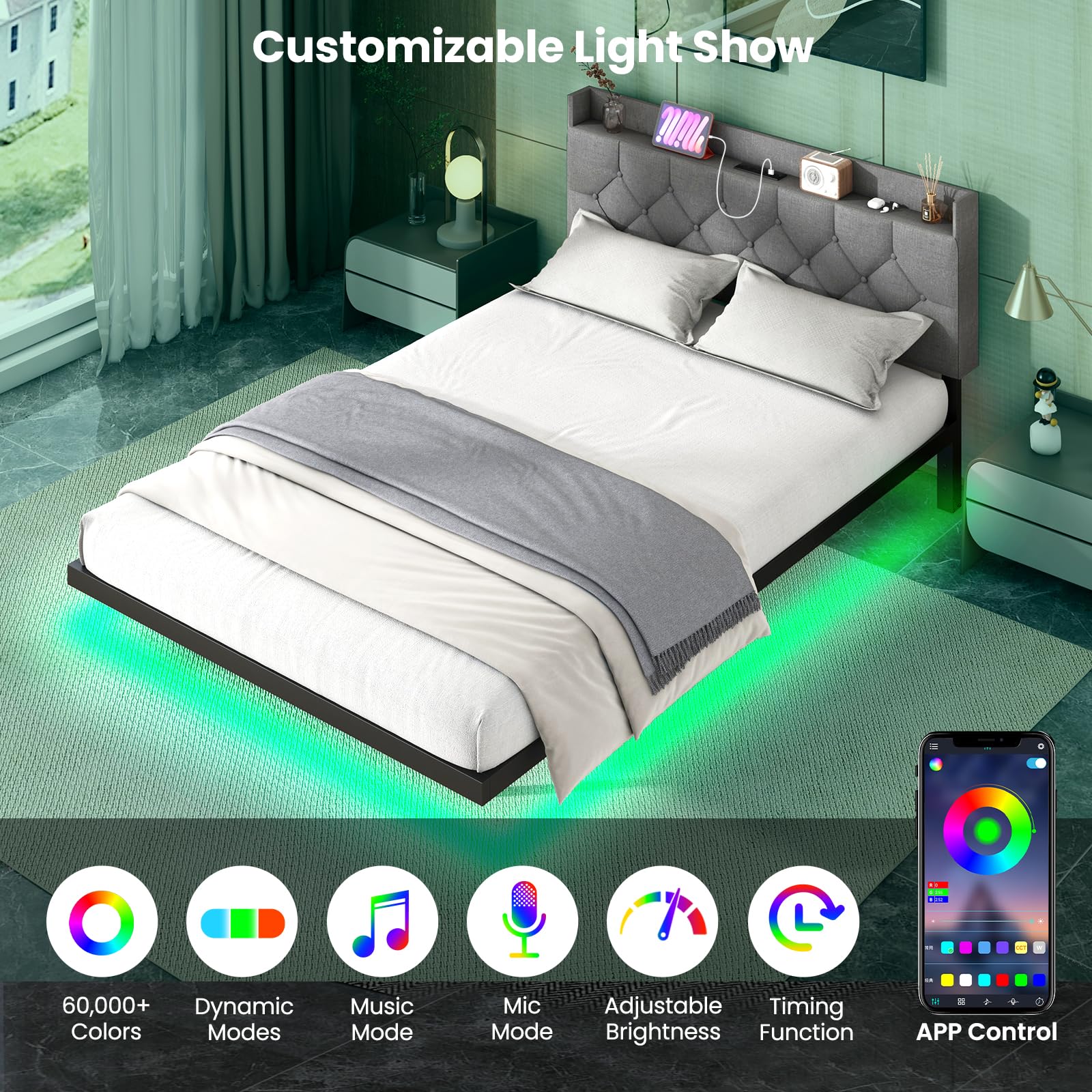 Giantex Floating Bed Frame with LED Lights, Modern Platform Bed with Adjustable Upholstered Headboard & Charging Station