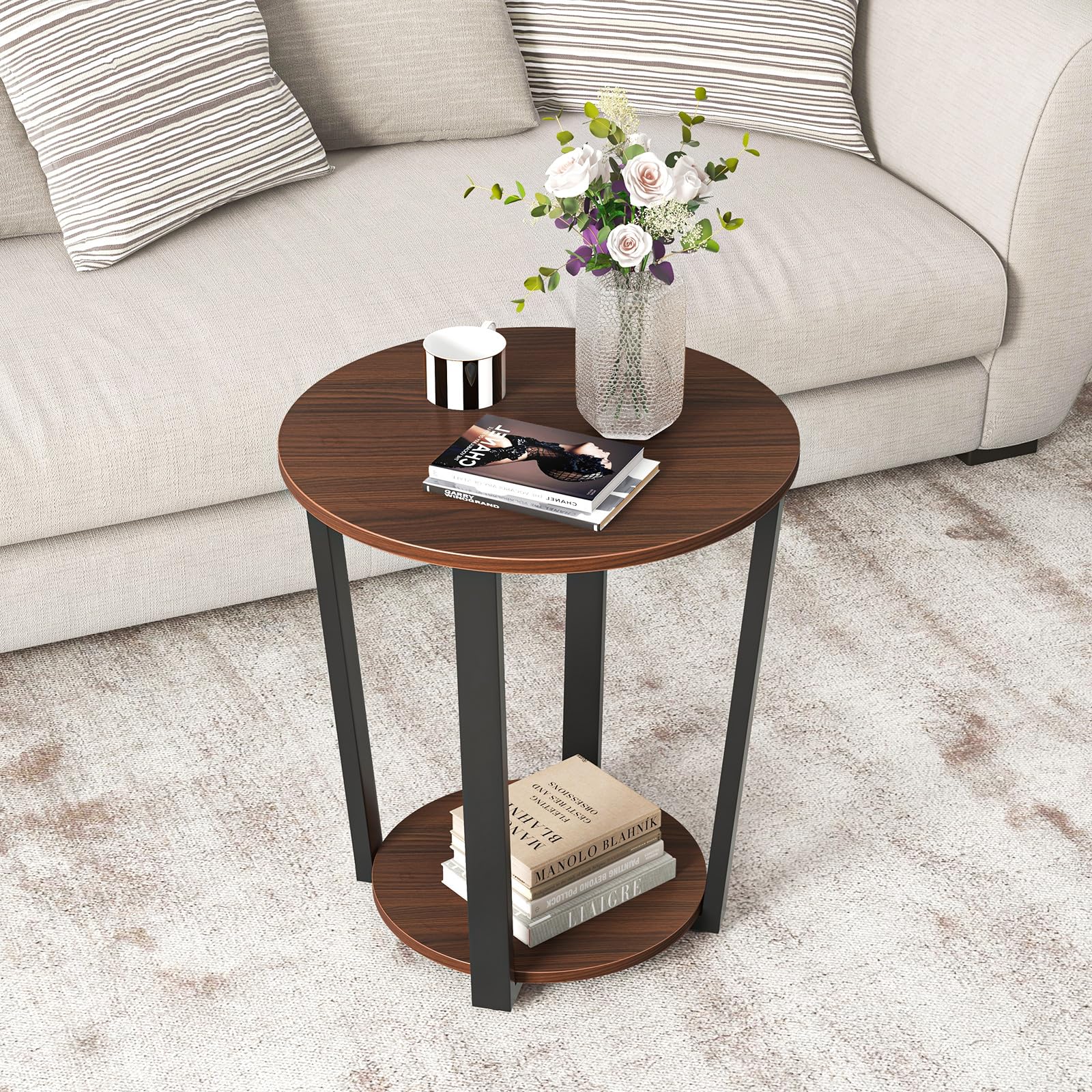 Giantex Round End Table Set of 1/2, 2-Tier Side Sofa Table with Open Storage Shelf and Metal Frame