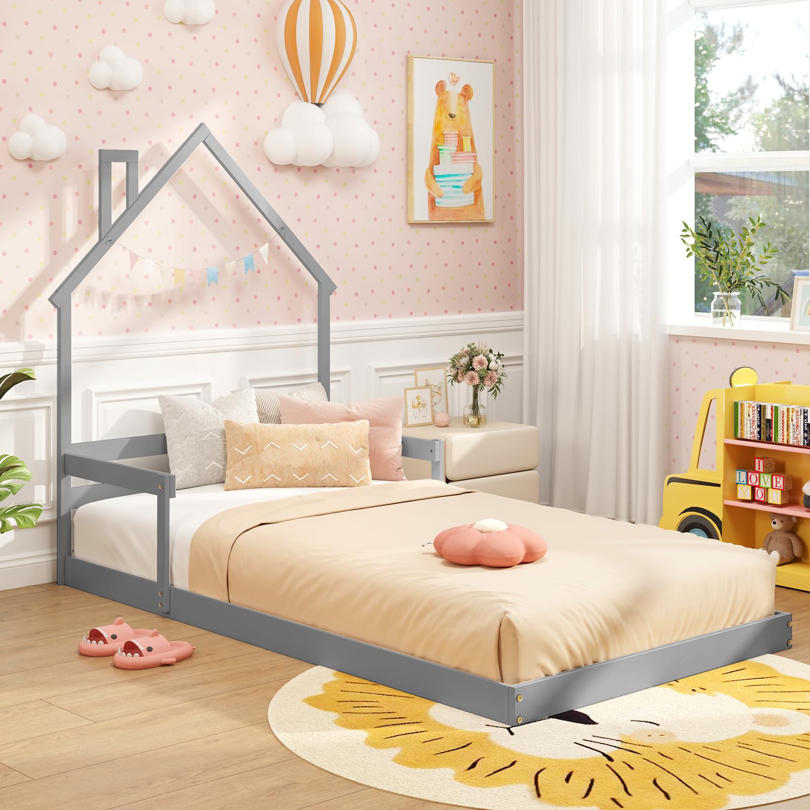 Giantex Twin Floor Bed for Kids, Wood Montessori Floor Bed with Chimney Headboard & Handrail