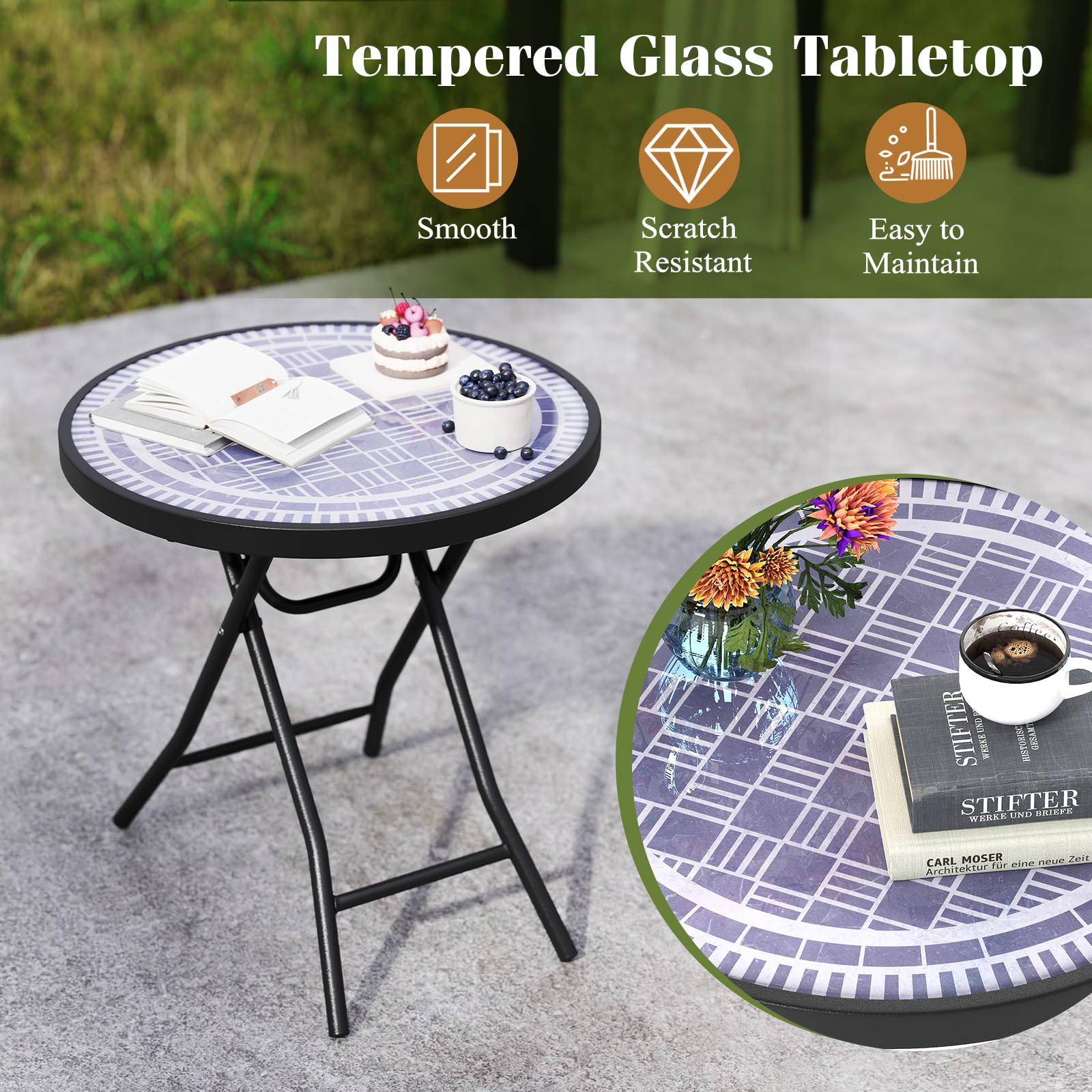 Giantex Folding Outdoor Side Table - 18” Round End Table with Tempered Glass Tabletop & Metal Frame