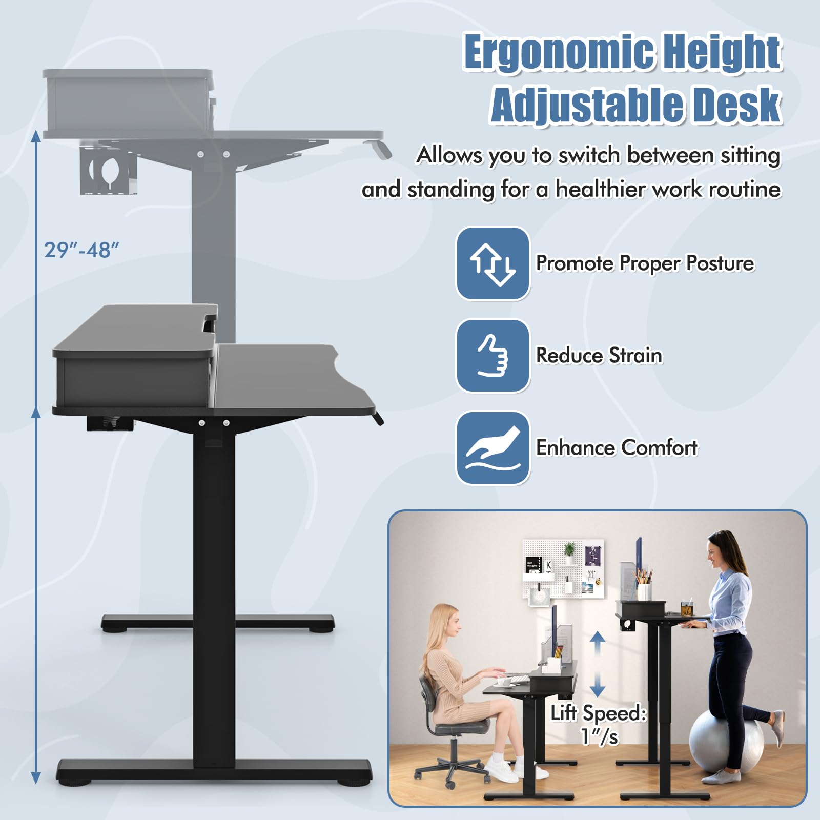 Giantex Electric Standing Desk with 2 Drawers, 48" /55"x 24" Height Adjustable Electric Stand Up Desk with Storage Shelf